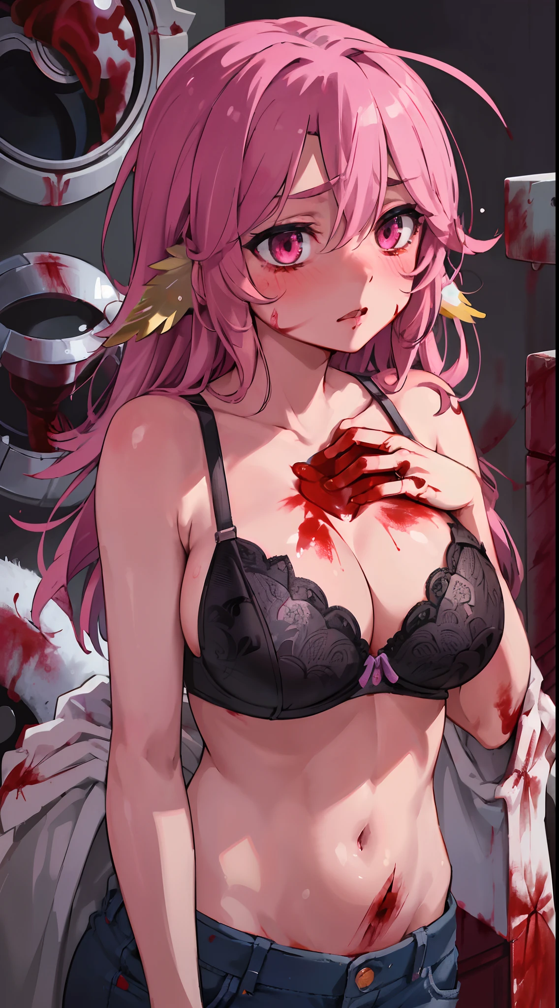 Jibril, upper body, blushed, perfect anatomy, detailed eyes, detailed lips, extremely detailed eyes and face, vivid colors, sharp focus, bra, masterpiece:1.2, ultra-detailed, bra, blushed, ((((blood, blood on face)))), ((doggystyle)), (solo)