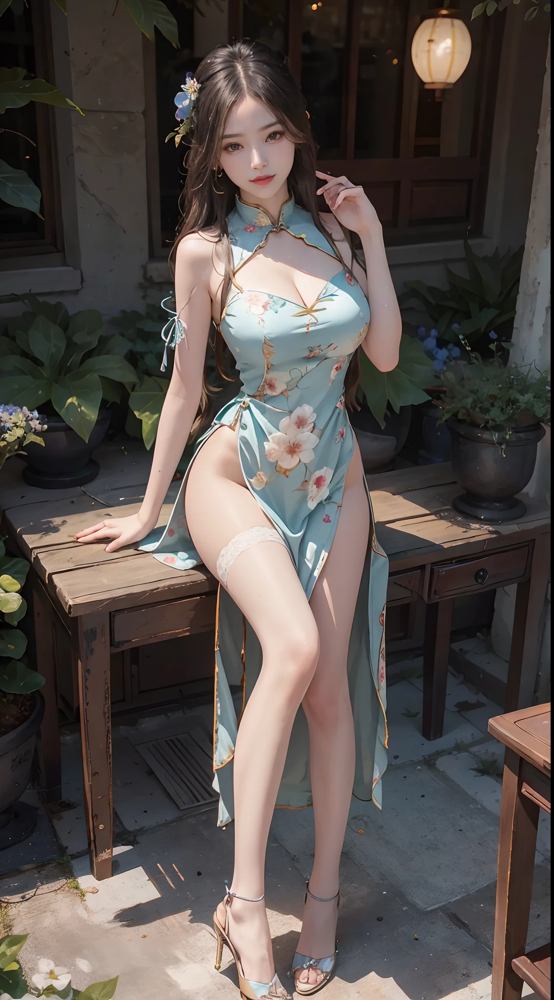 （From the outside） ， many color，Best quality at best，8K，real photograph，Delicate skin details，tmasterpiece，photograph of-realistic，Complicated details，RAW photogr,on the garden，ssmile，florals，Gorgeous cheongsam，sockes,Extra-long hair，cropped shoulders，delicated face，Expose cleavage，decorations，Perfect Finger，Dissection is correct，(Huge room，0.8)，big cuvy hips，shiny skins