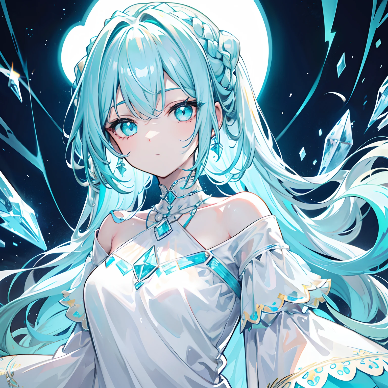 With braids，A shiny one, Moist and crystal clear face，It has a lovely feel，Light cyan and light yellow color scheme，Wear an off-the-shoulder T-shirt in a simple solid color，Around his neck hangs a crystal clear silver necklace