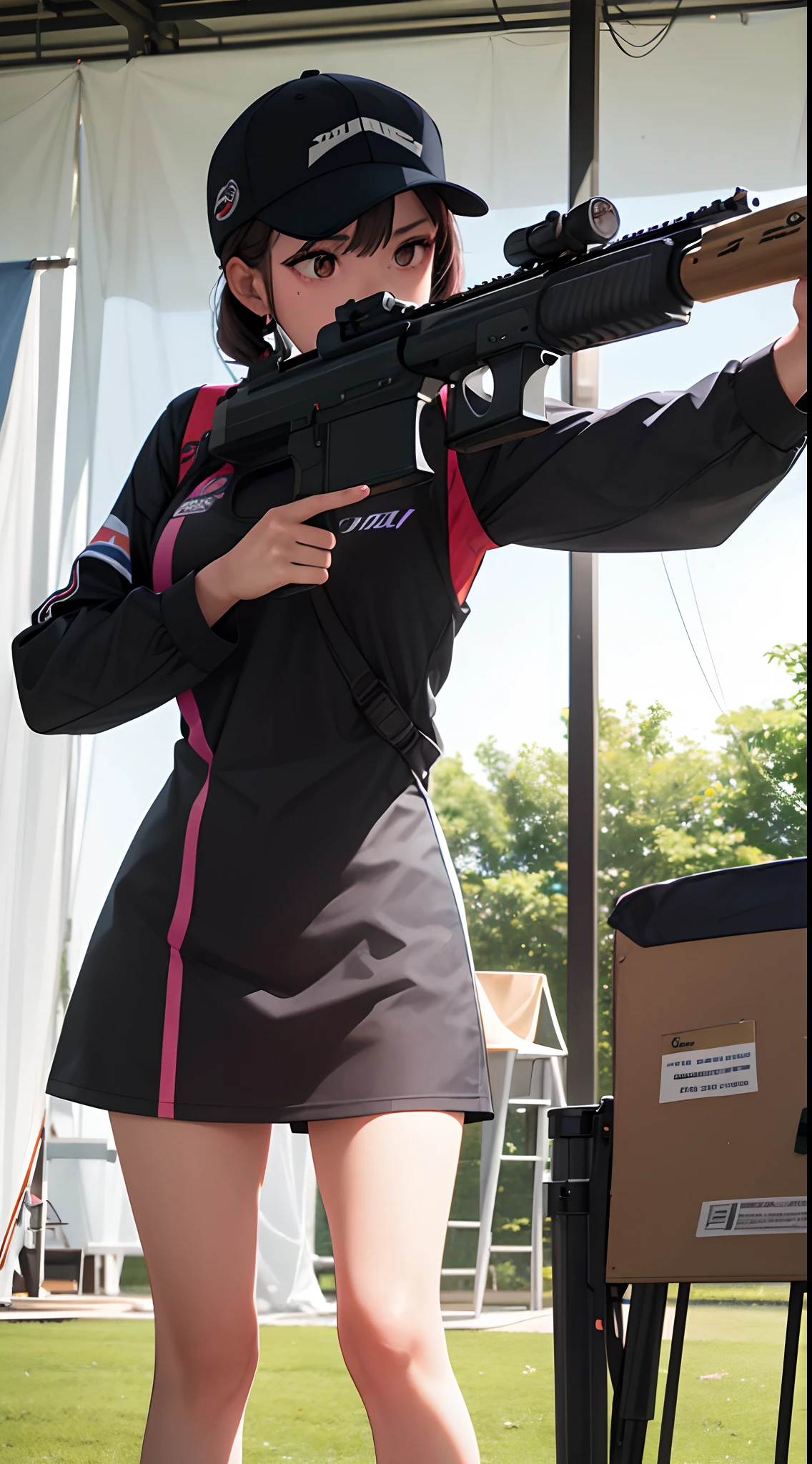 A girl,solo, participated in a shooting competition at the Asian Games,Aim a pistol at a distant target,on the shooting range