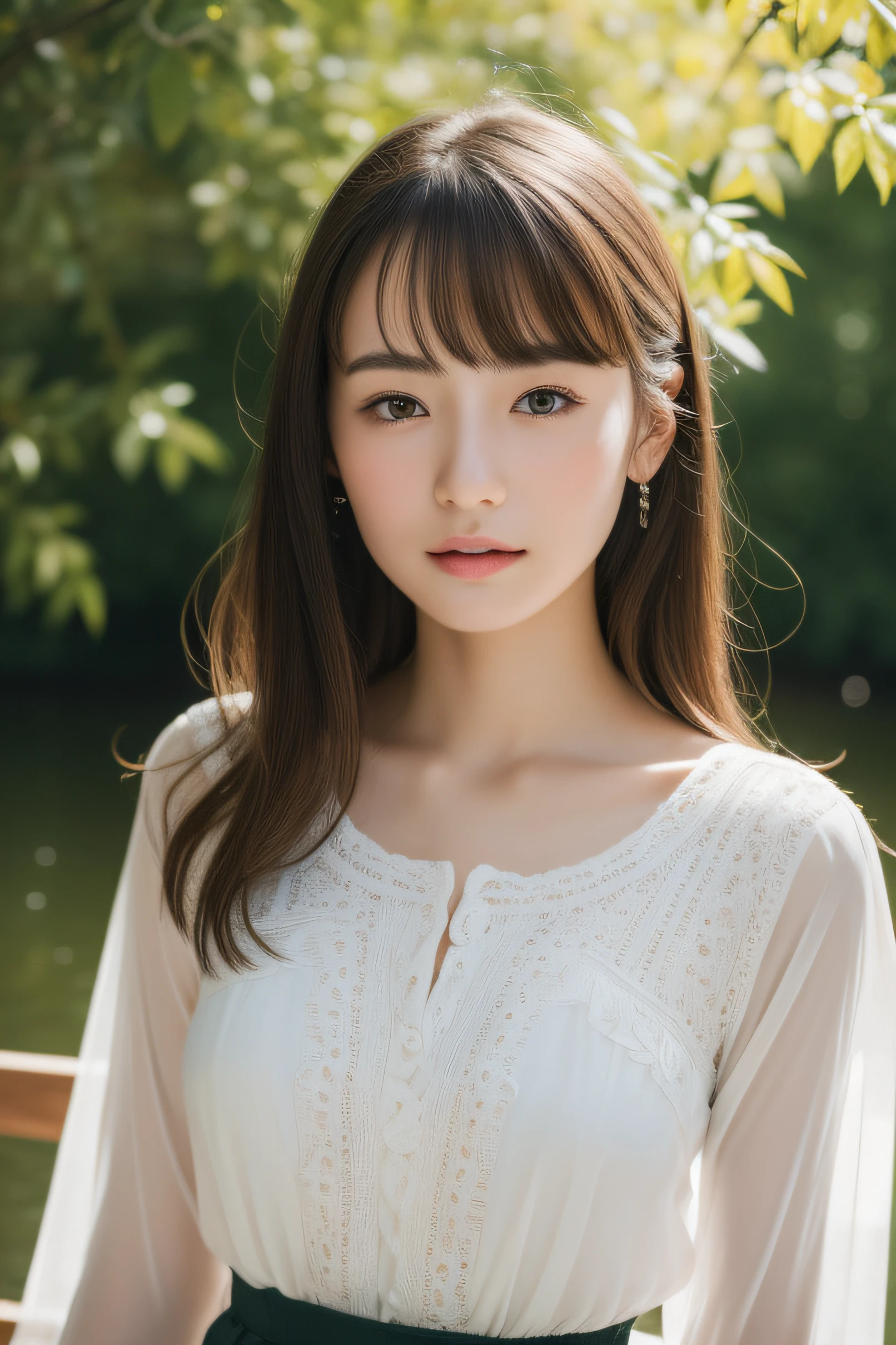 (((masterpiece))), top-quality, Extremely detailed, Detailed background, 18mm wide lens, long shot, A bench by a quiet lake in the forest, sitting, Very beautiful girl, japanese, , Detailed face, bangs, (Full body:1.3), (random hairstyles :1.2), (Young Face), (Perfect body:1.1), blouse, skirt, autumn, in 8K, Wallpaper, amazing, finely detail, Ultra-detailed, 超A high resolution, Extremely detailed, Pure erotic face, extremely detailed eye and face, Beautiful detailed eyes, highly detailed skin, No makeup, (Natural Skin),