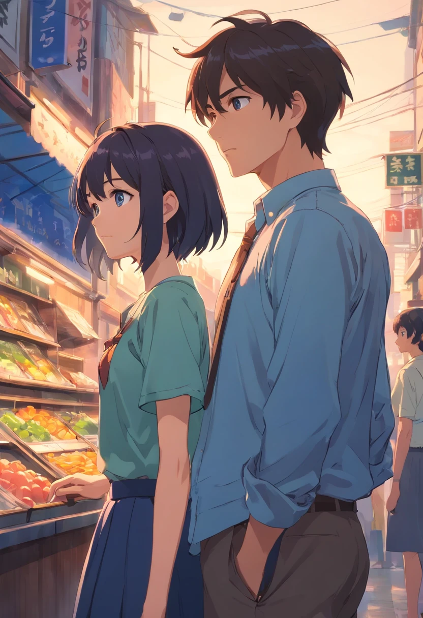 a young man and a woman，25 age old，Stoic man with short black hair, greene eyes, Driss as a merchant of the time, Find purpose in life，The long-haired woman with black hair had gentle eyes，blue color eyes，a white long skirt，Look at the man