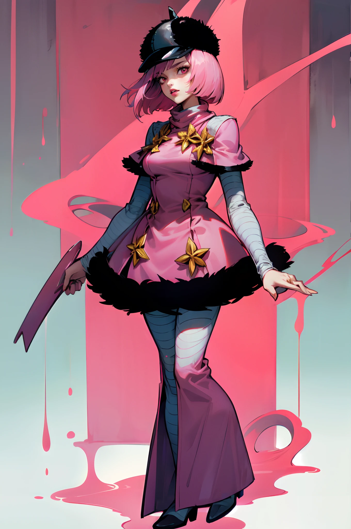 Hot Pants, pink hair, 1girl, solo, short hair, full body, pink eyes, pink lipstick, medium breasts, bob cut, hat, pink dress, (cowboy shot)