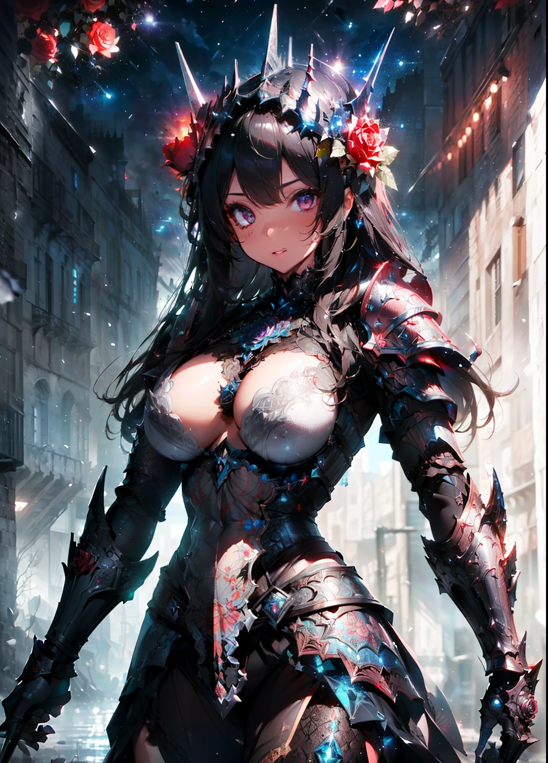realistic and intricate perfect beauty detailed face, detailed sharp galaxy glowing eyes, (((from face to the waist:1. 2))), (((thin beauty shape))) ((in hyper detailed & complex dragoon rose knight armor)), masterpiece, 4k, UHD
