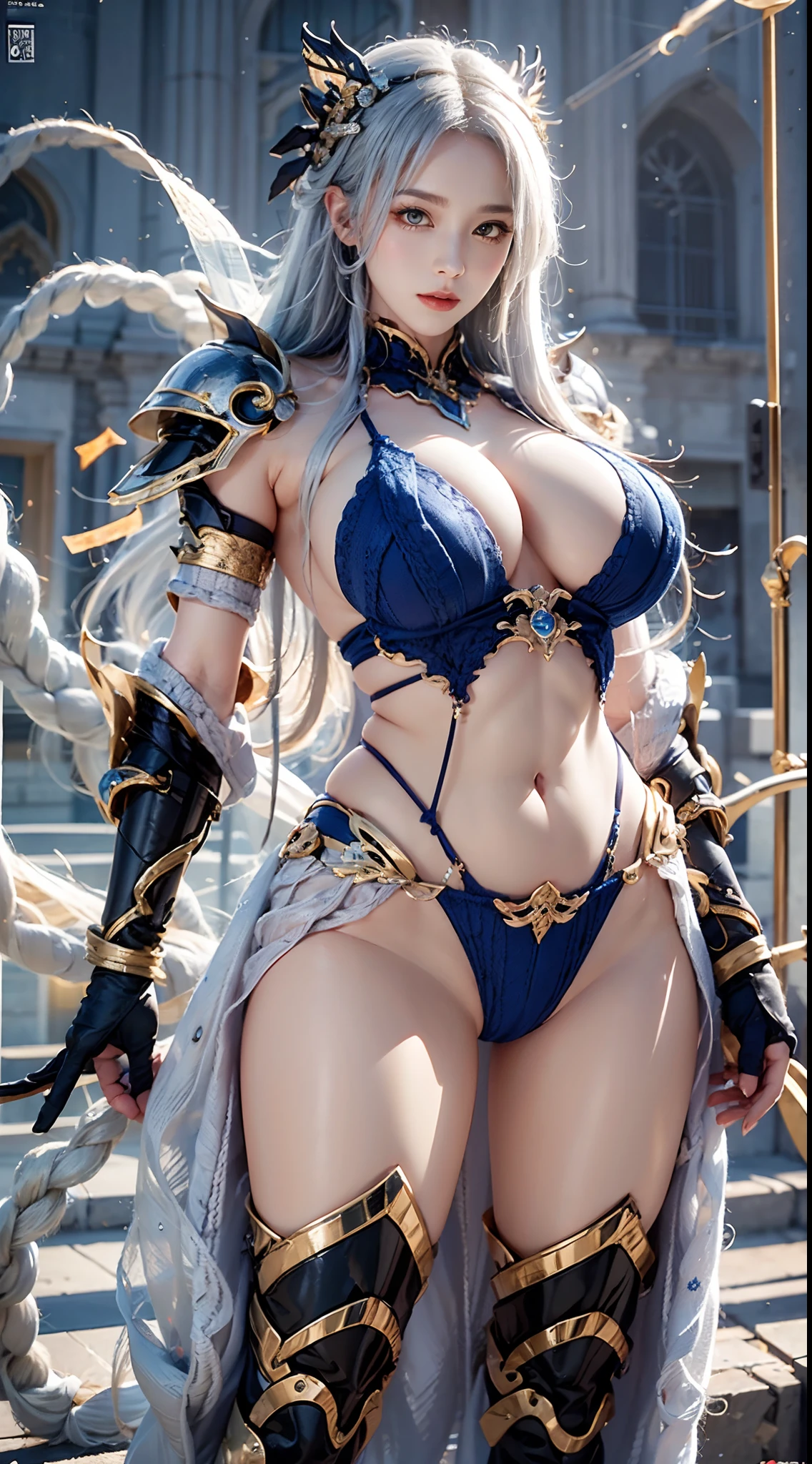 Silver Dragon Queen,  Dragon spearman pose，huge boob, Mecha heavy armor, cleanness，Transparent，cleanness， standing, Transparent，cleanness， (musculous:1.4), （Naked of breast：1.9），Exposes most of the breasts，muscle abs，(Lace)，(Wear only light yarn:1.9)