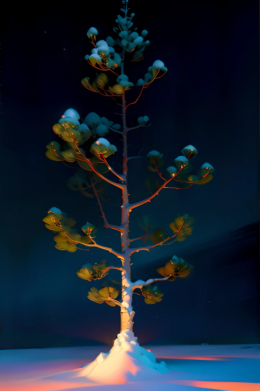 A painting of a winter landscape with a very small tree covered in snow, night time light, dark sky.