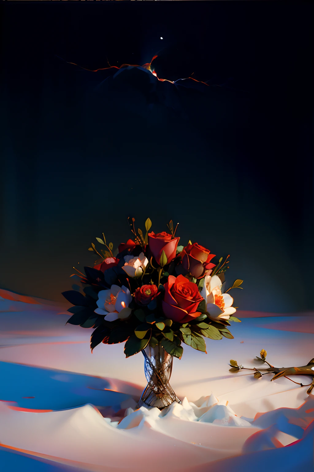 A painting of a bouquet of dead roses thrown away in snow, winter, night time light, dark sky.