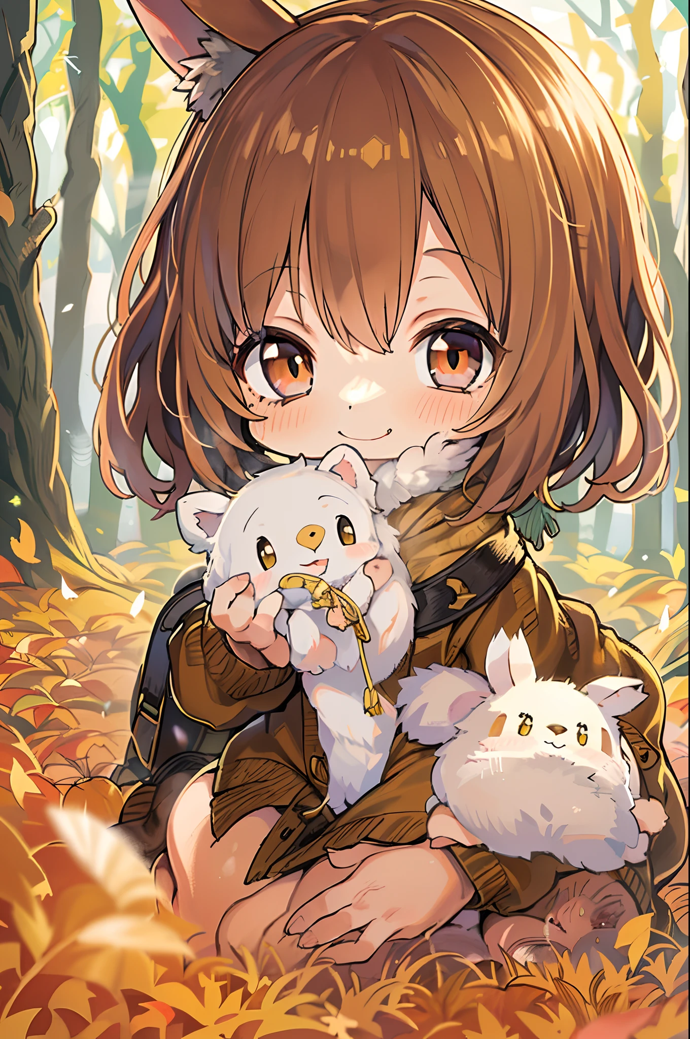 Beautiful Girl, (((((Small)))), face showing,, Short hair, brown, 8K, Professional Photography, Delicate, Clear, In the autumn forest, Sun, light leaks, masutepiece, (Beautiful)))), Chibi, Smile, Fantastic, Rabbit ears, 年轻