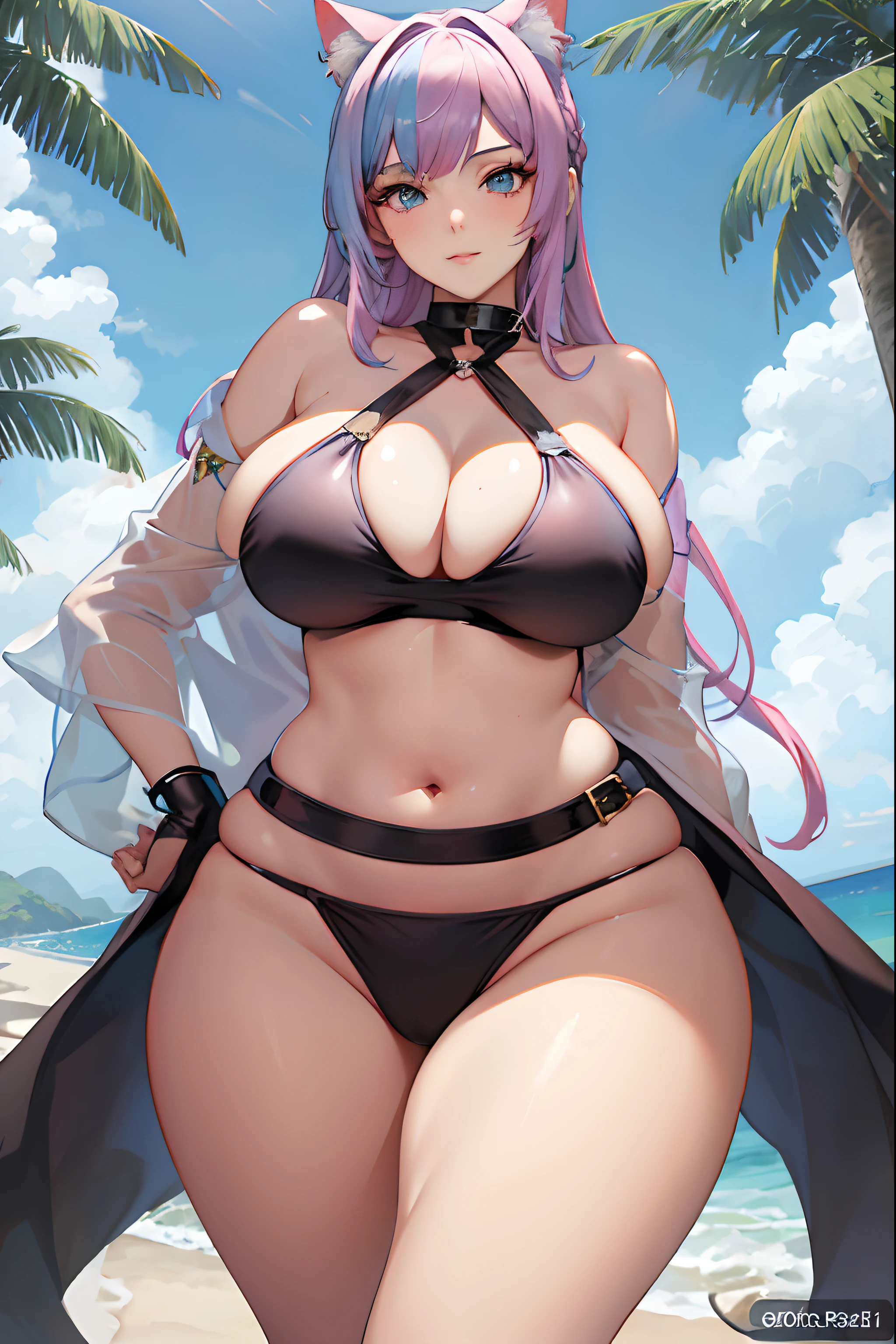 Chica anime con pelo rosa y orejas de gato posando en la playa, Thicc, seductora chica de anime, en la playa, swimsuit, ??????????? loli, Guweiz, OPPAI, en la playa, en una playa, en una playa, Bikini realista, en una playa soleada, Proporciones OPPAI, Obras de arte al estilo de Guweiz