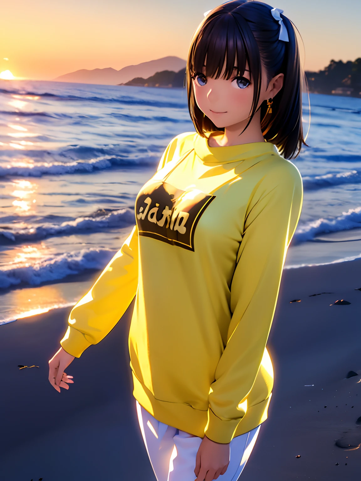 hight resolution,8K,Best Quality,detaileds,semi - realistic anime,Anime 3D Style,Smooth Anime CG,1 girl in,20 year old woman in Japan,slim,modeled,shiny chestnut hair,Medium Hair,Detailed face,Beautiful and detailed eyes,Glowing skin,(Yellow Oversized Sweatshirt:1.2),((White skinny pants)),Girl Walking On The Beach,Sundown,Horizon,(Sandy beach at dusk:1.2),Blurry background,Shooting from the side