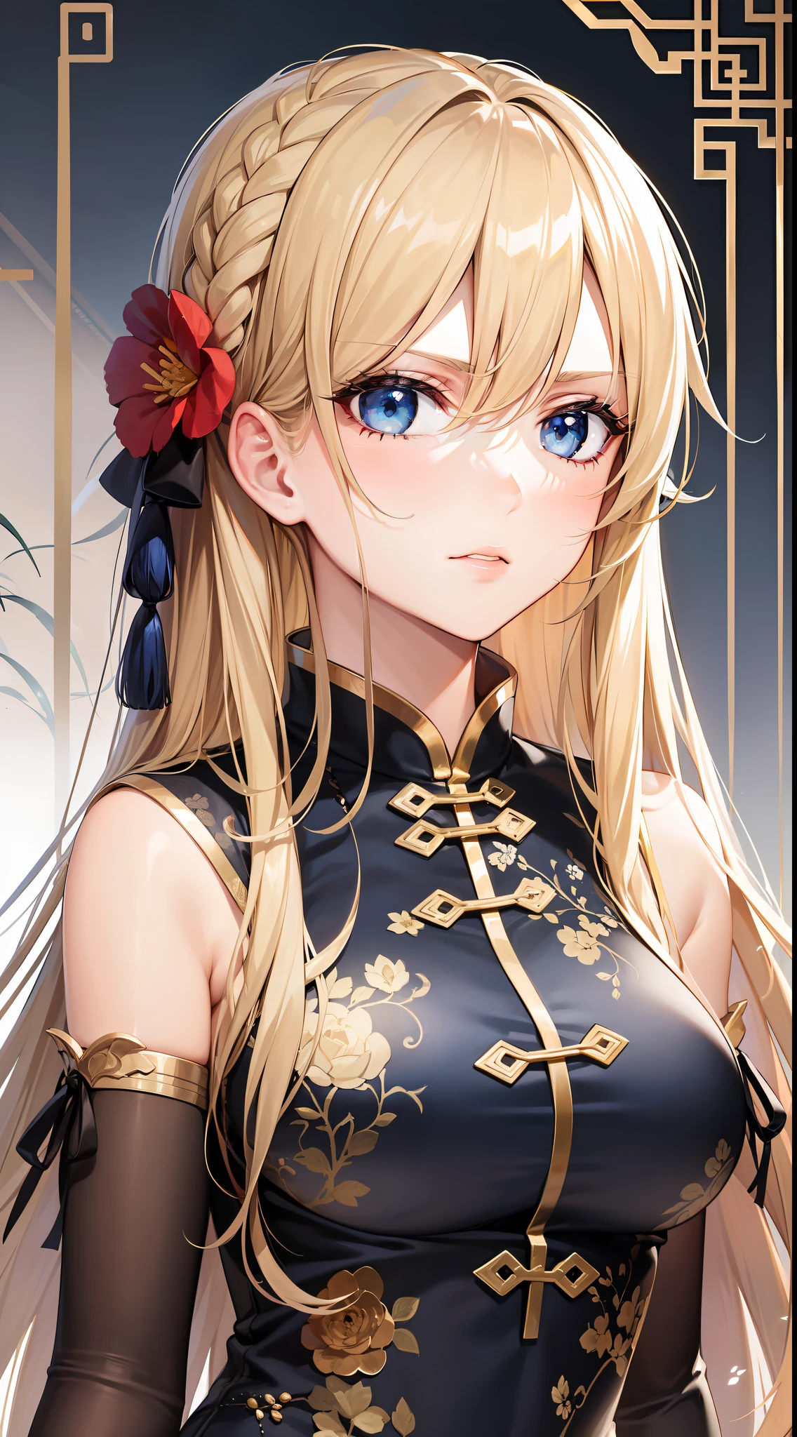 Adult girl, long blonde hair with white strands, blue eyes, black Chinese clothes, serious look, masterpiece, high quality