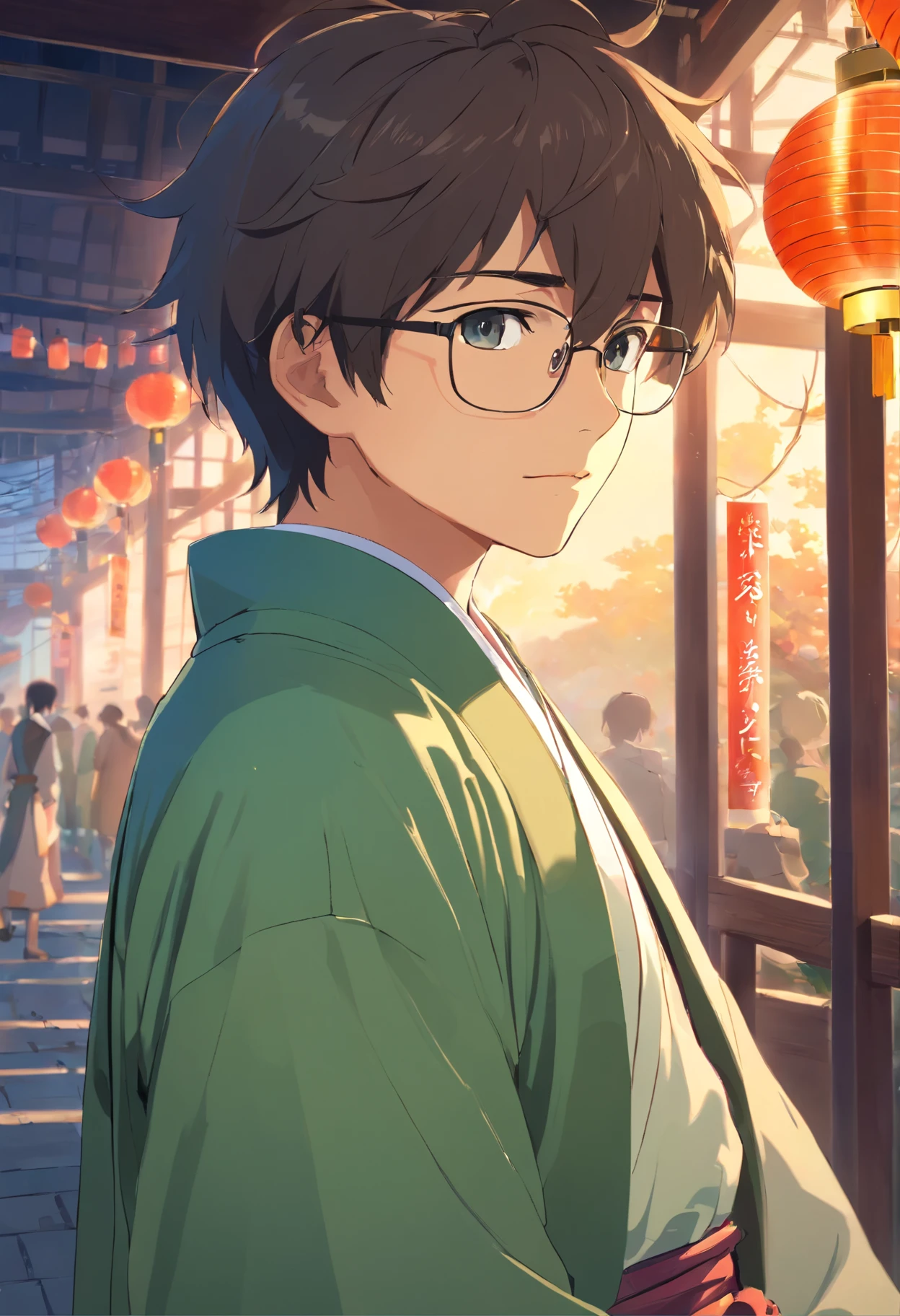 Homem, Glasses nerd, 18 anos, 1 8 anos, com barba, rosto extremamente detalhado, belos olhos detalhados,luz no rosto,Cinematic lighting,Olhando para o Viewer,ao ar livre,cabelos pretos,(balck arquitetura chinesa:0.05),Hanfu