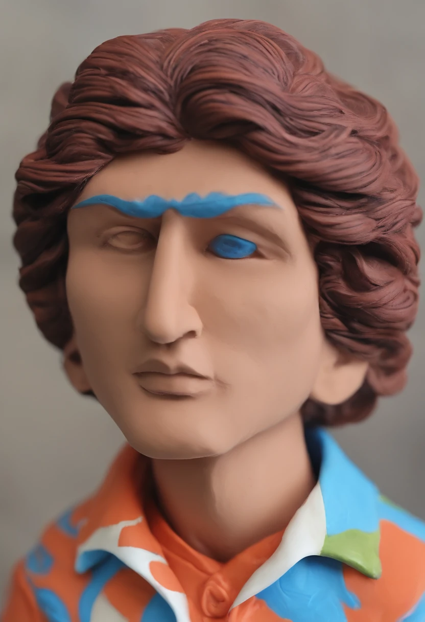 Um adolescente ruivo com cabelos laranja com blusa azul escuro e com touca azul escuro que usa um cachecol vermelho e rosa na cara