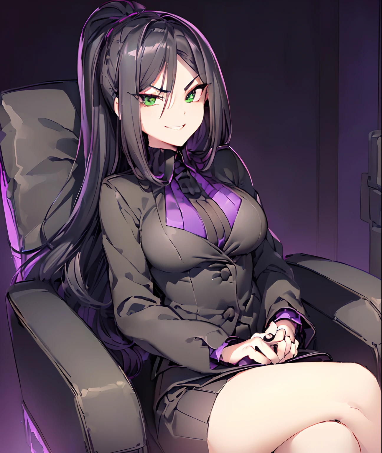 (((cheeky looking buisness woman with a devious grin, black dyed hair, green eyes, small bust, making a smug and haughty expression, sitting in a large comfy office chair, dark atmosphere, dim purple pink lighting, office environment, high quality, smooth fair skin)))