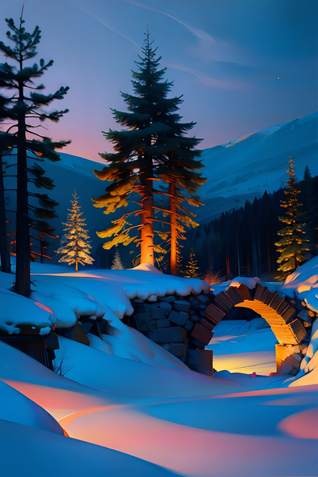 A painting of a winter landscape, pine trees, snow on ground, a winding river with a destroyed stone bridge, eerie night time light, dark sky.