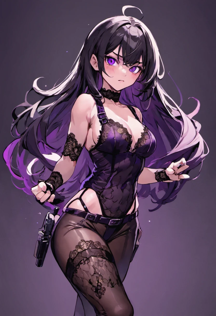 Beautiful agent with a pistol，Long hair and waist，black color hair，Purple eye，Black lace suspenders，Quiet girl，Standing painting，full bodyesbian，No background，head to toe，standing on your feet