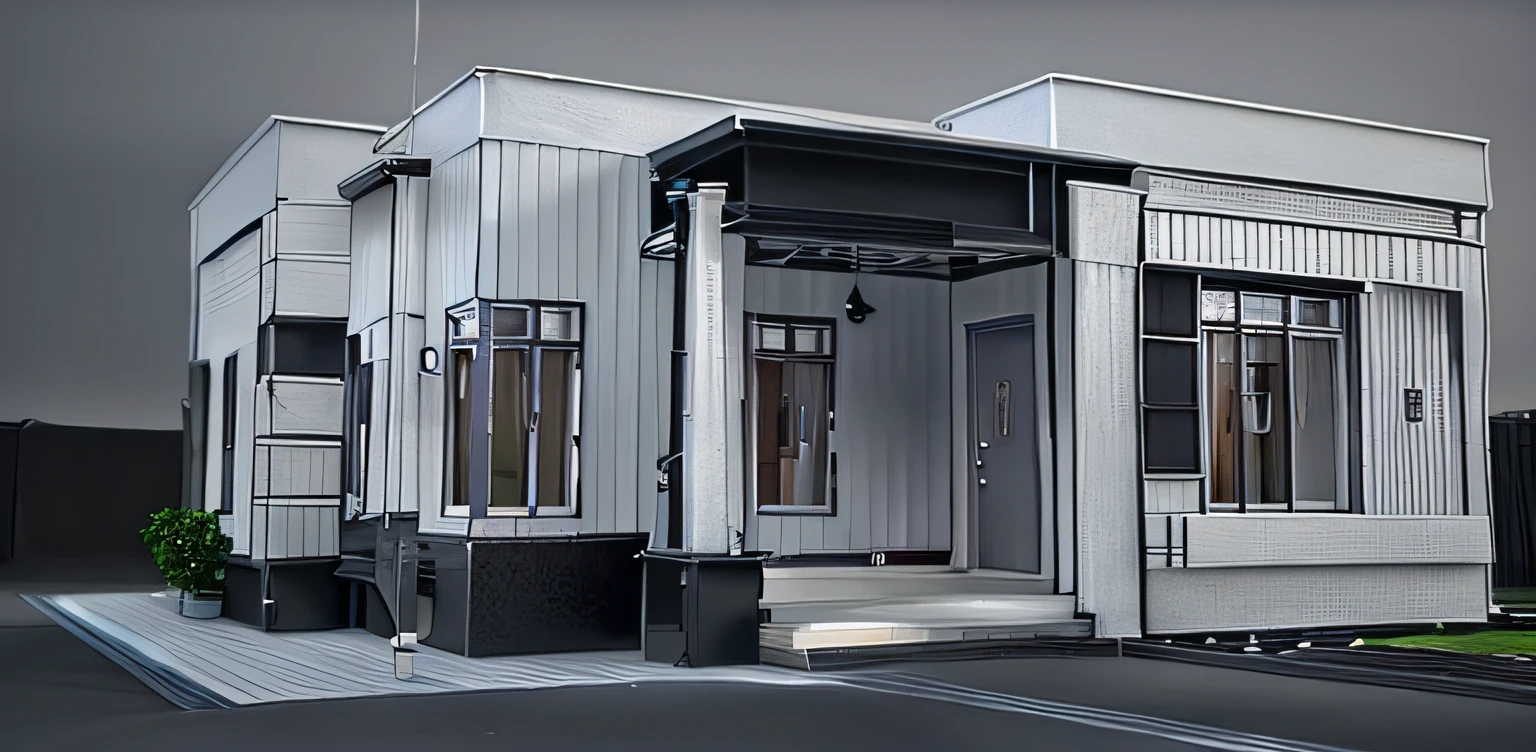a rendering of a small white house with a black door, 2 d render, sketch - up, with 3d render, with 3 d render, 3 d design, 3d design, 3d rendering, 3 d rendering, 3 d perspective, high detail 3 d render, detailed 3 d render, detailed 3d render, detailed rendering, comprehensive 2 d render