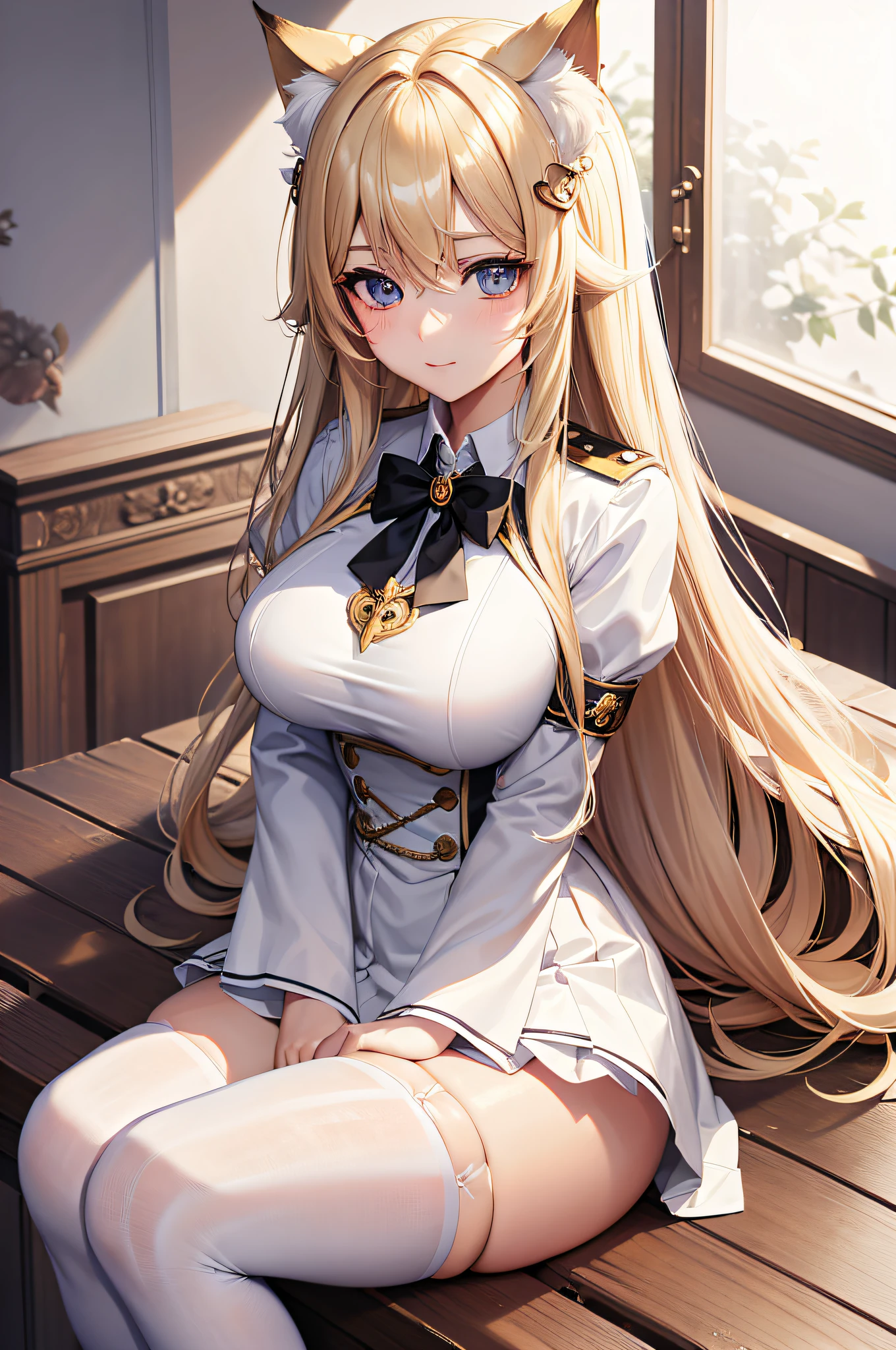 masterpiece, best quality, bishoujo, student, long hair, blonde hair, hair between eyes, hair between breasts, heart hair ornament, beautiful detailed eyes, white colored eyelashes, large breasts, cat_ears, white thighhighs, garreg mach monastery uniform,