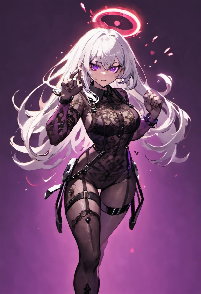 Beautiful agent with a pistol,Long hair and waist,white color hair,Purple eye,Black lace suspenders,Quiet girl,Standing painting,full bodyesbian,No background,head to toe,standing on your feet