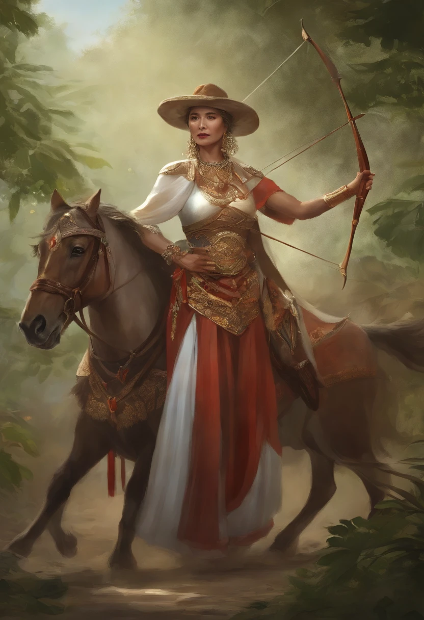 Help draw comics, In one picture, There are two characters, There was a man and a woman, The goddess is the Queen Mother of the West, Older age, The male is Houyi, It's a young man, Dressed more like a primitive person, Also a bow marksman, With a bow and arrow on his back, The picture is that the Queen Mother of the West is sending an elixir to Houyi, Queen Mother of the West was holding a round elixir in her hand, I want to hand it to Houyi