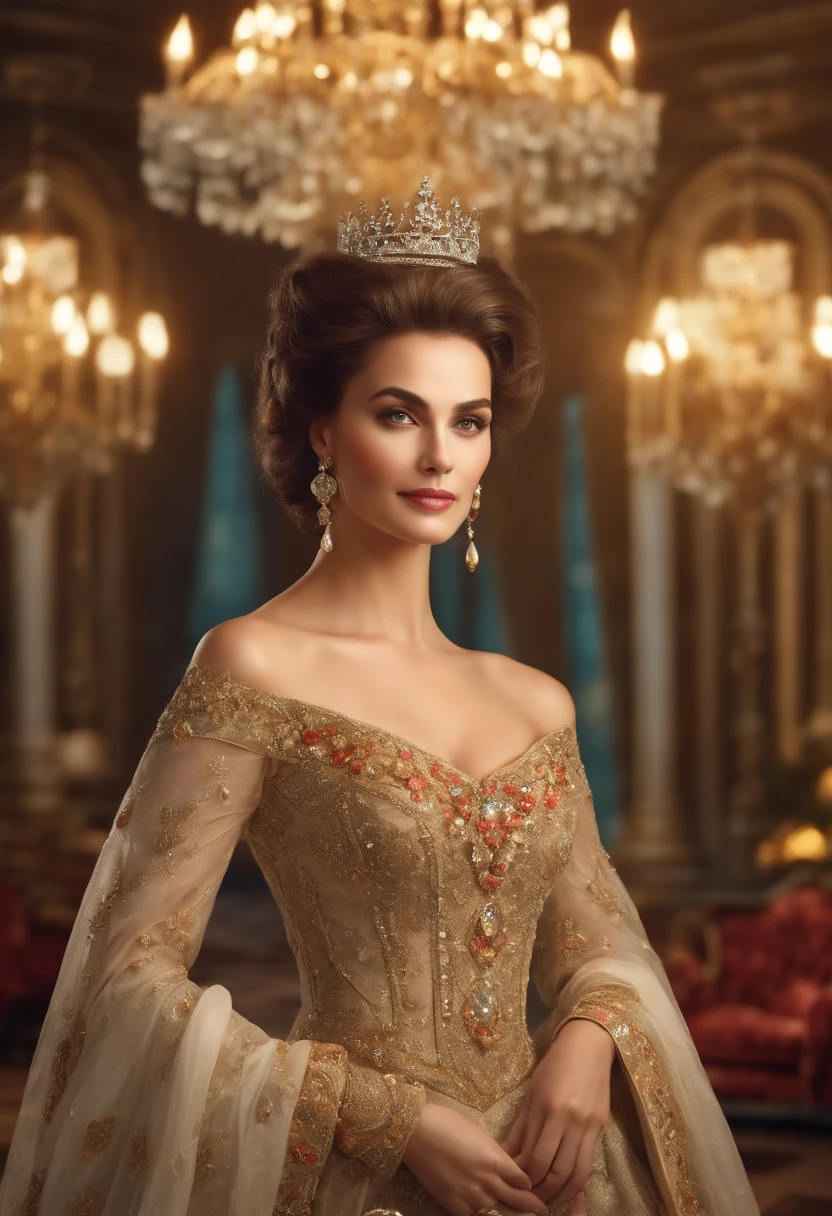 a mature female with detailed facial features, elegant posture and expression, dressed in beautiful royal attire, standing in a grand ballroom, surrounded by extravagant decorations and chandeliers, with soft and warm lighting, capturing her regal presence (best quality, highres, realistic:1.37), oil painting, royal garden backdrop, vibrant colors, exquisite brush strokes, showcasing the beauty and grace of the royal sisters