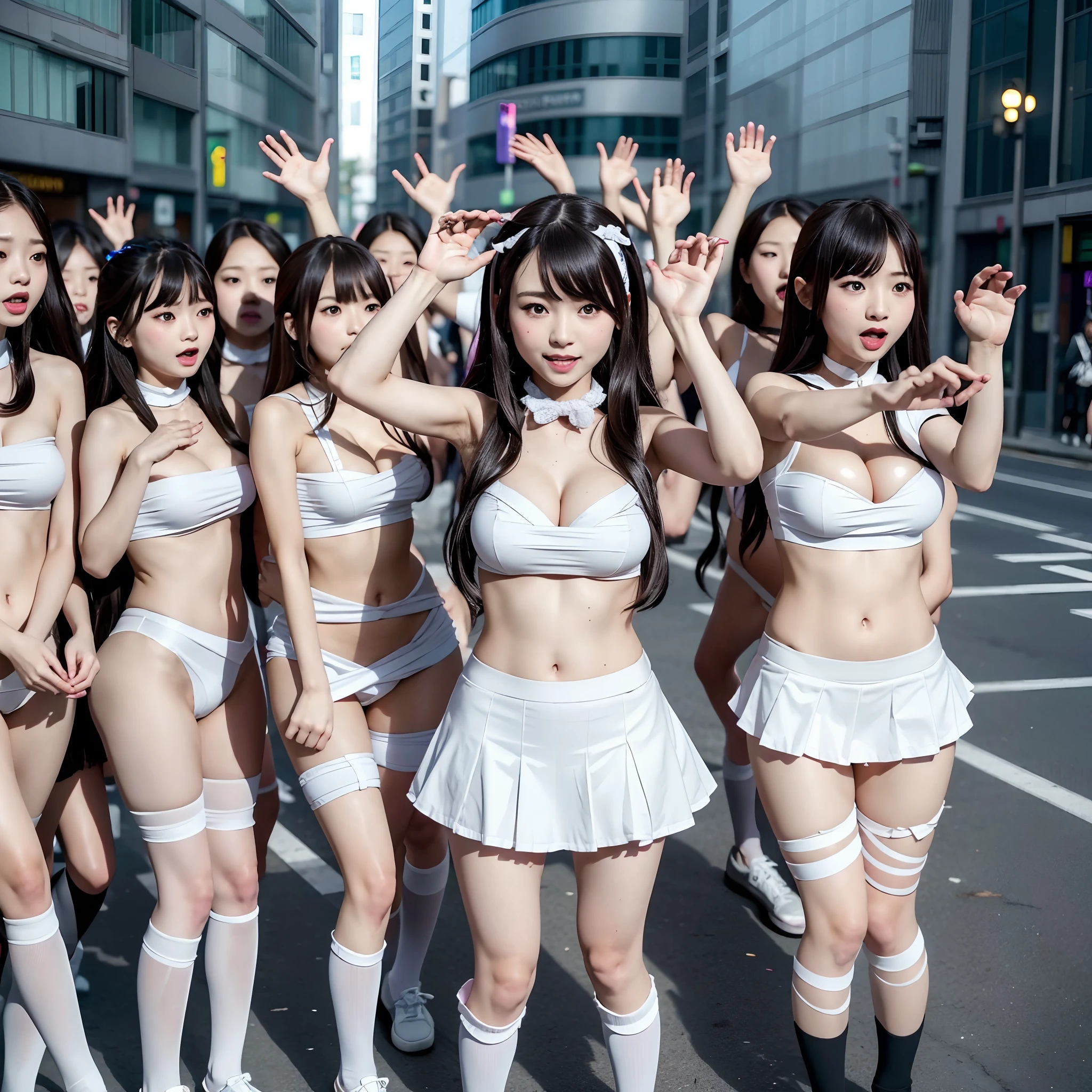 (((SFW, 12 Tiny Girls in a row:1.2, Shibuya Hachiko-mae scramble crossing on Halloween:1.2))), (masterpiece:1.2, best quality, photorealistic:1.37), {(Standing Full Body:1.2)|(from below:1.2)}, short silver hair, {School Uniform|naked bandage|tutu}, (Detailed KAWAII face, Detailed Oily Porcelain skin), {Bustling street|(Passerby schoolgirls)| halloween| neon}, {(Childish:1.2|Gigantic Cleavage:1.37|Underboob:1.2)}, {flower wreath|Red leather high collar}, {Floating hair|Strong wind|((Ass focus))},{:p|:d|laugh|sparkle|joyful|delighted},extremely Detailed,