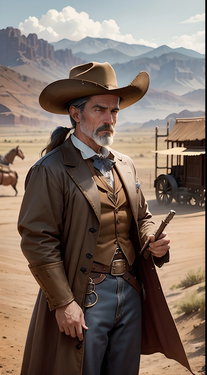 Wild West, old west origin of the sheriff's badge, showing a 'shire reeve' from medieval England sheriff's badge, old west, Wild West vintage color. Classic western houses and horses in background.