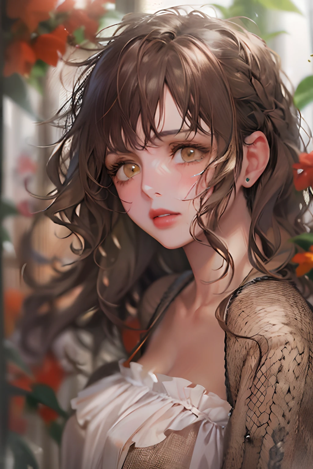 Masterpiece, best quality, realistic, extremely detailed face, 1 girl, solo , standing still, bloom, light particles, messy hair,brown eyes,red lips,sad,dark brown hair,pose