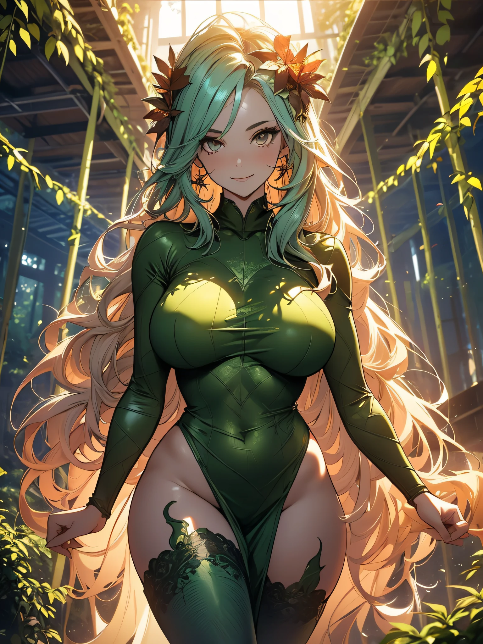 A naked girl with her entire body covered in plants, leaves and vines, plants and vines all over her body, Poison Ivy, medium breasts, long hair, sincere smile, imposing pose, yellow eyes, sculptural and curvy body, full body, BREAK, background forest with vines descending from forest trees, nature, field of vineyards, (ultra-realistic), {extremely detailed 8k CG unity wallpaper}, Expansive landscape photography, (a view from below that prioritizes the grandeur of the character, view expansive open field), (low angle shot), (high light: 1.5), (low light: 1.0), (warm light source: 1.0), complex details, (iridescent colors: 1 ,5), (bright lighting), (atmospheric lighting), dreamy, magical, special