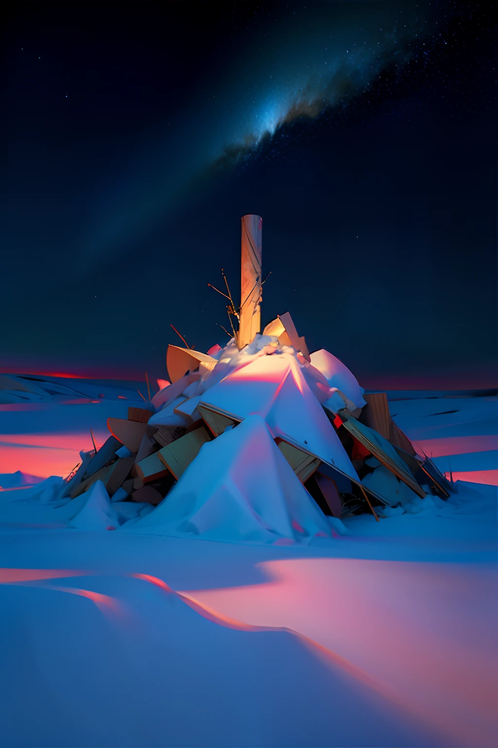 A painting of a pile of garbage in the snow, winter, eerie night time light, dark sky with stars.