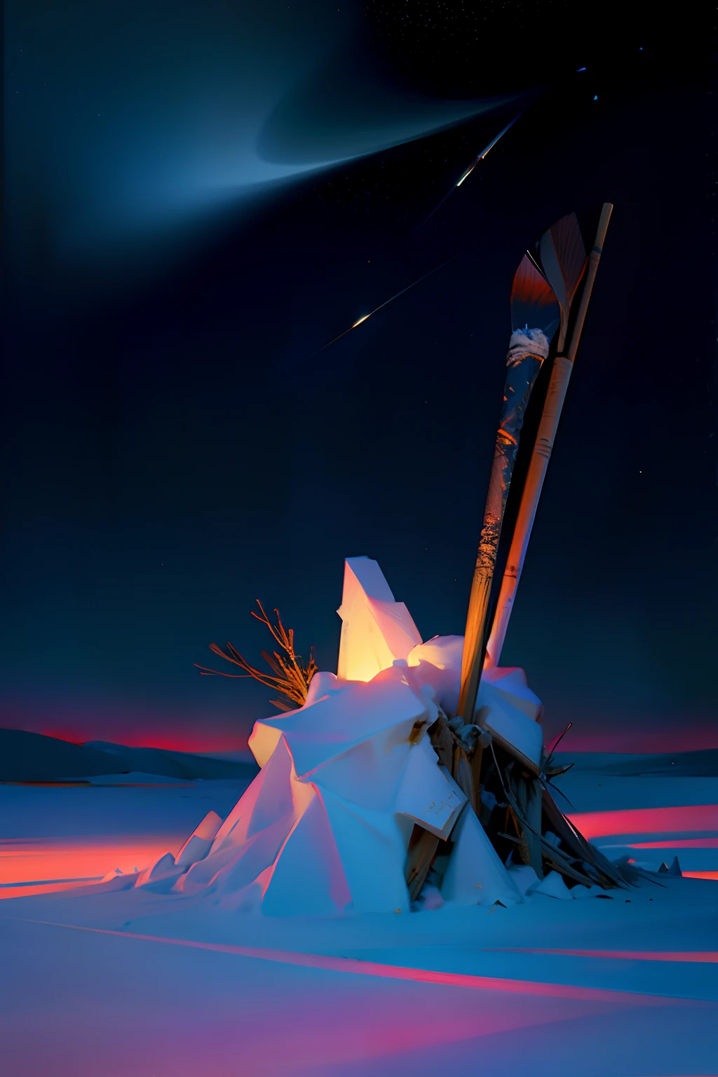 A painting of a pile of garbage in the snow, winter, eerie night time light, dark sky with stars.