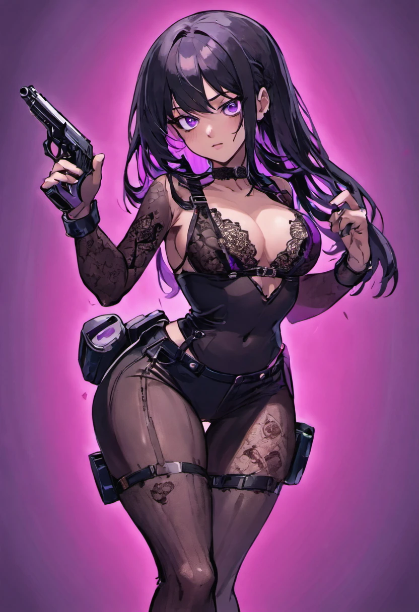 Beautiful agent with a pistol,Long hair and waist,black color hair,Purple eye,Black lace suspenders,Quiet girl,Standing painting,full bodyesbian,No background,head to toe,standing on your feet
