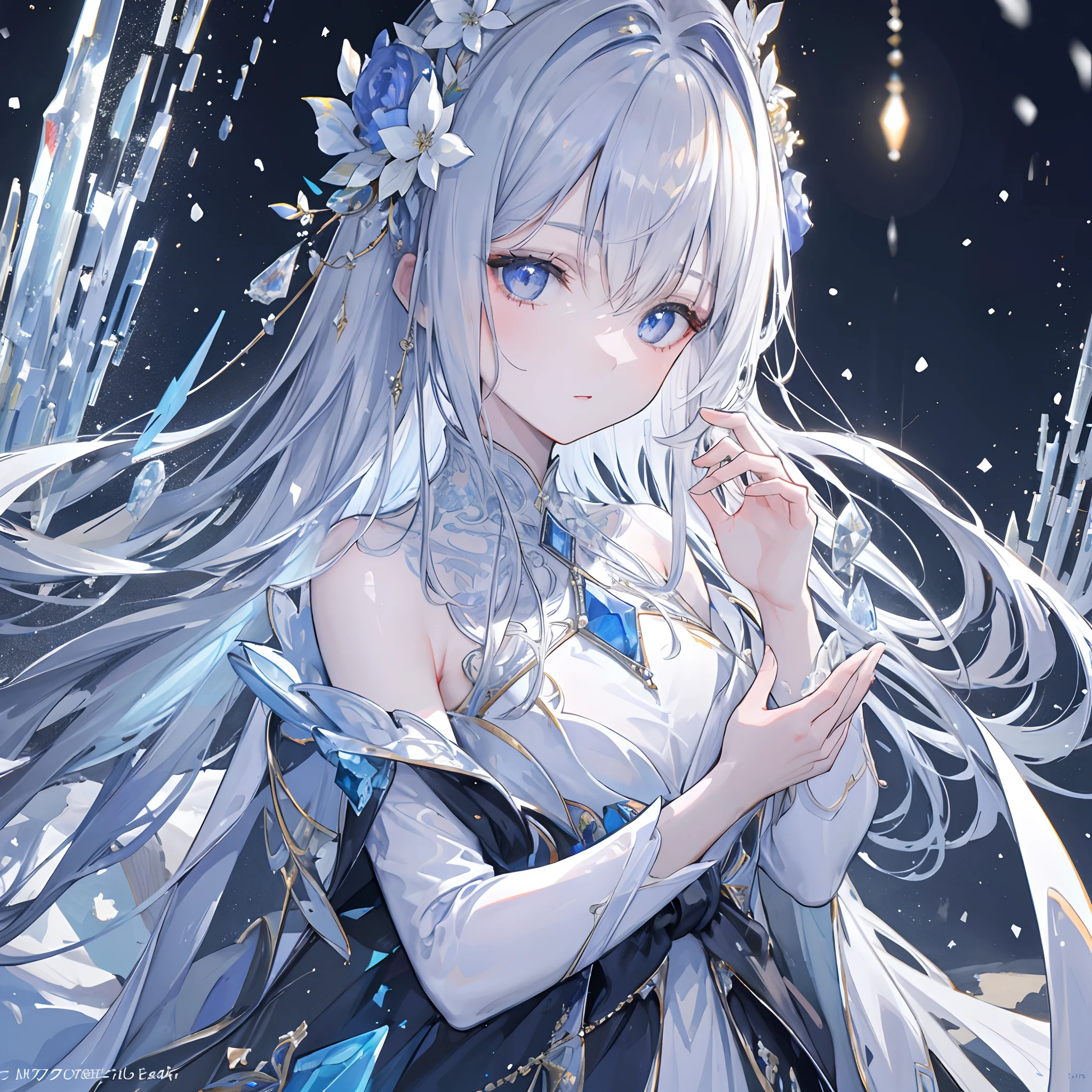 High definition RAW color art, sculptures,  snow marble skin, High angle, crystal flower, (((Ultra detailed elegant))), Magical atmosphere, metallic