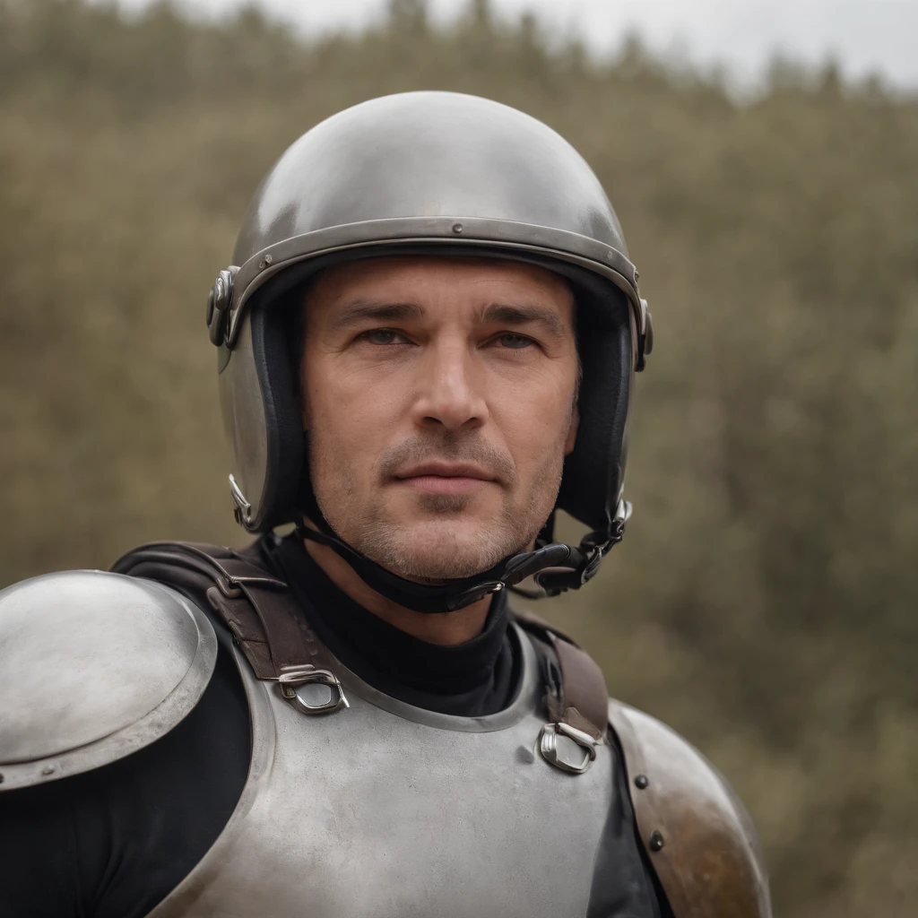 Homem de 45 anos, capacete de ferro, with room for the face, man with experience, rosto assustador