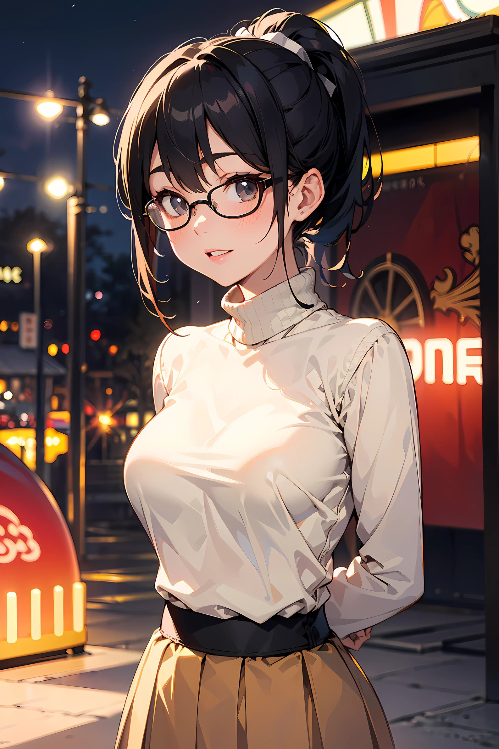 high resolution, Photo of a beautiful woman detailed_face, young handsome girl,realistic:0.5, perfect skin, (wearing a glasses:1.5), (ultra-detailed background, detailed background), bokeh, make happy expressions, happy emotion, gorgeous,pure, beautyfull detailed face and eyes,breasts, (black eyes:1.1), (Audrey Hepburn:1.3), (a extremely pretty and beautiful Japanese woman), (sexy girl), (professional attire:1.3), (22 years old: 1.1), BREAK, (orange turtleneck rib sweater:1.2, long sleeve:1.2), (beige Pleated skirt:1.2), (leather boots))), cleavage, beautiful detailed skin, (cute:1.2), (blonde hair), ((jpop idol)), (upper thigh:0.6), (depth of field),soft light, Lens Glow looking at viewer, (Drooping eyes:1.2), straight teeth,smile, floating hair, (blond hair:1.2), brown eyes BREAK movie scene, cinematic, full colors, 4k, 8k, 16k, RAW photo, masterpiece, professionally color graded, professional photography, high school girl, hair up, , soft clean focus, realistic lighting and shading, (an extremely delicate and beautiful art)1.3, elegant,active angle,dynamism pose BREAK (ponytail:1.3), (shiny-black thin hair:1.2), bangs, dark brown eyes, beautiful eyes, princess eyes, (big eyes:1.3), bangs, wearing a glasses:1.3, Hair between eyes, short hair:1.3, (slender:1.1), (medium-breasts:0.95), (thin waist: 1.15), (detailed beautiful girl: 1.4), Parted lips, Red lips, full-make-up face, (shiny skin), ((Perfect Female Body)), (upper body image:1.3), Perfect Anatomy, Perfect Proportions, (most beautiful Korean actress face:1.3, extremely cute and beautiful Japanese actress face:1.3), ,(1glasses girl:1.3, solo), ,(blush:1.1), gray background, solo focus, (bust shot:1.2), cinematic light, (nostalgic night scene:1.4), (amusement park:1.4), the vibrant glow of neon lights, retro-styled carnival rides, (arms behind back :1.4), (looking at viewer:1.2