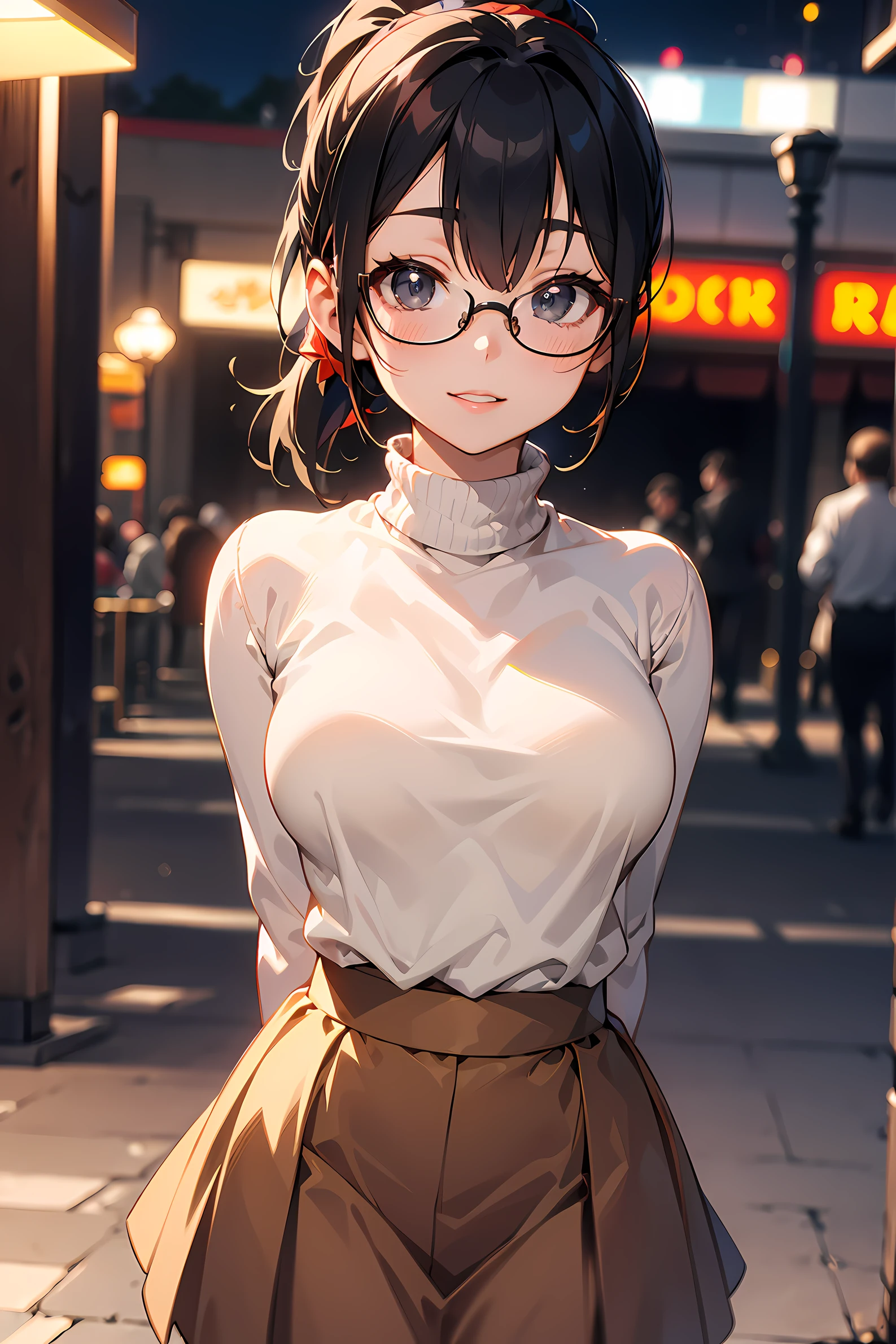 high resolution, Photo of a beautiful woman detailed_face, young handsome girl,realistic:0.5, perfect skin, (wearing a glasses:1.5), (ultra-detailed background, detailed background), bokeh, make happy expressions, happy emotion, gorgeous,pure, beautyfull detailed face and eyes,breasts, (black eyes:1.1), (Audrey Hepburn:1.3), (a extremely pretty and beautiful Japanese woman), (sexy girl), (professional attire:1.3), (22 years old: 1.1), BREAK, (orange turtleneck rib sweater:1.2, long sleeve:1.2), (beige Pleated skirt:1.2), (leather boots))), cleavage, beautiful detailed skin, (cute:1.2), (blonde hair), ((jpop idol)), (upper thigh:0.6), (depth of field),soft light, Lens Glow looking at viewer, (Drooping eyes:1.2), straight teeth,smile, floating hair, (blond hair:1.2), brown eyes BREAK movie scene, cinematic, full colors, 4k, 8k, 16k, RAW photo, masterpiece, professionally color graded, professional photography, high school girl, hair up, , soft clean focus, realistic lighting and shading, (an extremely delicate and beautiful art)1.3, elegant,active angle,dynamism pose BREAK (ponytail:1.3), (shiny-black thin hair:1.2), bangs, dark brown eyes, beautiful eyes, princess eyes, (big eyes:1.3), bangs, wearing a glasses:1.3, Hair between eyes, short hair:1.3, (slender:1.1), (medium-breasts:0.95), (thin waist: 1.15), (detailed beautiful girl: 1.4), Parted lips, Red lips, full-make-up face, (shiny skin), ((Perfect Female Body)), (upper body image:1.3), Perfect Anatomy, Perfect Proportions, (most beautiful Korean actress face:1.3, extremely cute and beautiful Japanese actress face:1.3), ,(1glasses girl:1.3, solo), ,(blush:1.1), gray background, solo focus, (bust shot:1.2), cinematic light, (nostalgic night scene:1.4), (amusement park:1.4), the vibrant glow of neon lights, retro-styled carnival rides, (arms behind back :1.4), (looking at viewer:1.2