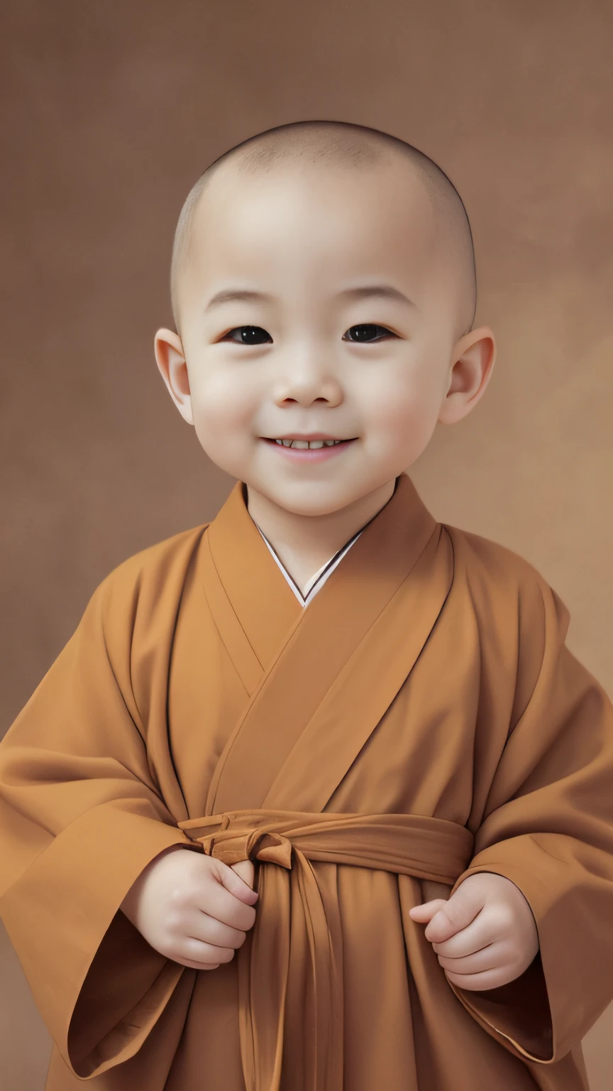 Close-up of a bald child in a robe, lovely digital painting, monk clothes, high quality portrait, ancient japanese monk, buddhist monk, portrait of monk, Buddhist, monk, wearing brown robes, cute portrait, portrait shooting, 2 1 st century monk, dressed in simple robes, Cute boy, Innocent smile, Chinese traditional, Yan, wearing a long flowing robe