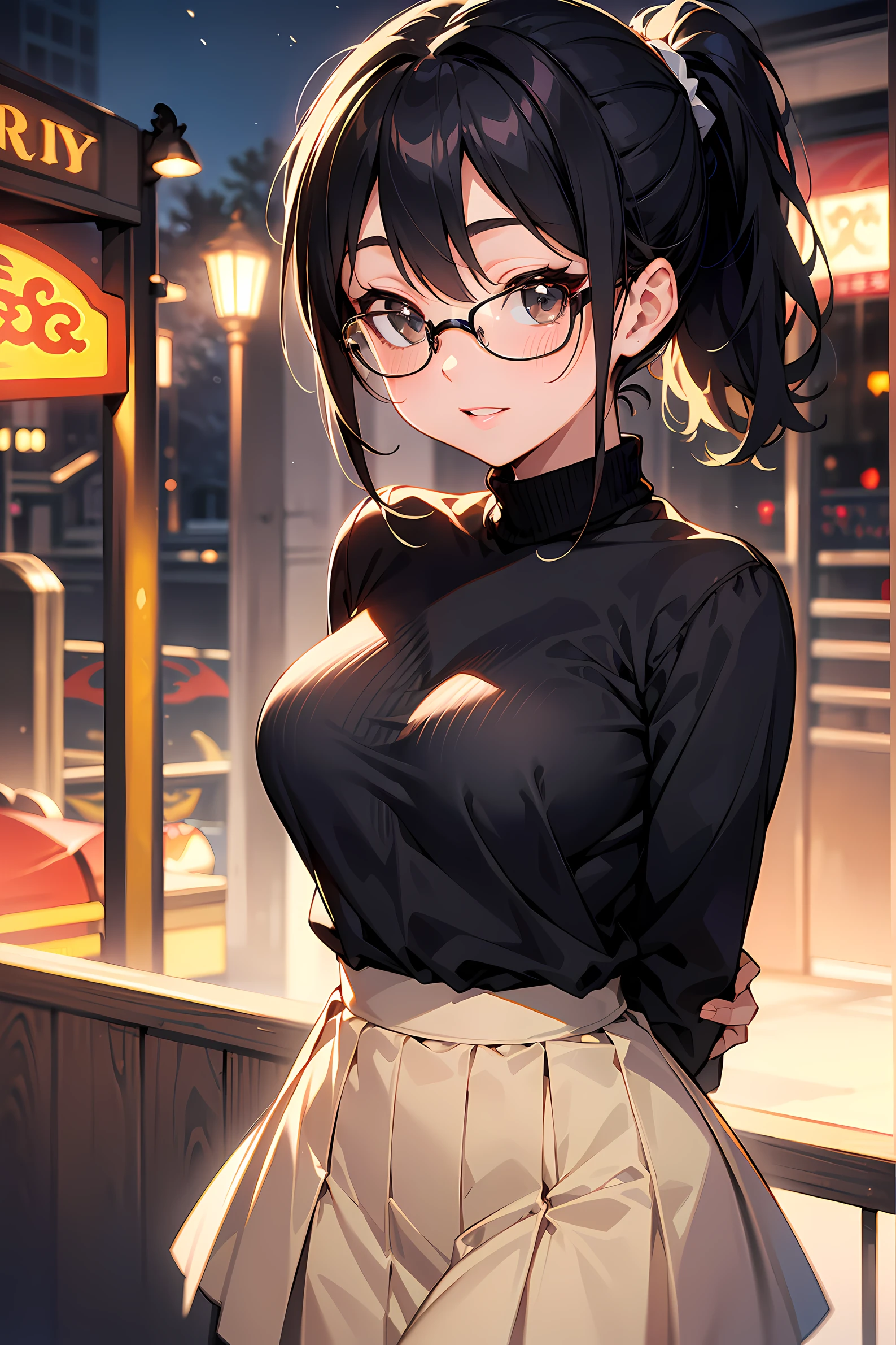 high resolution, Photo of a beautiful woman detailed_face, young handsome girl,realistic:0.5, perfect skin, (wearing a glasses:1.5), (ultra-detailed background, detailed background), bokeh, make happy expressions, happy emotion, gorgeous,pure, beautyfull detailed face and eyes,breasts, (black eyes:1.1), (Audrey Hepburn:1.3), (a extremely pretty and beautiful Japanese woman), (sexy girl), (professional attire:1.3), (22 years old: 1.1), BREAK, (orange turtleneck rib sweater:1.2, long sleeve:1.2), (beige Pleated skirt:1.2), (leather boots))), cleavage, beautiful detailed skin, (cute:1.2), (blonde hair), ((jpop idol)), (upper thigh:0.6), (depth of field),soft light, Lens Glow looking at viewer, (Drooping eyes:1.2), straight teeth,smile, floating hair, (blond hair:1.2), brown eyes BREAK movie scene, cinematic, full colors, 4k, 8k, 16k, RAW photo, masterpiece, professionally color graded, professional photography, high school girl, hair up, , soft clean focus, realistic lighting and shading, (an extremely delicate and beautiful art)1.3, elegant,active angle,dynamism pose BREAK (ponytail:1.3), (shiny-black thin hair:1.2), bangs, dark brown eyes, beautiful eyes, princess eyes, (big eyes:1.3), bangs, wearing a glasses:1.3, Hair between eyes, short hair:1.3, (slender:1.1), (medium-breasts:0.95), (thin waist: 1.15), (detailed beautiful girl: 1.4), Parted lips, Red lips, full-make-up face, (shiny skin), ((Perfect Female Body)), (upper body image:1.3), Perfect Anatomy, Perfect Proportions, (most beautiful Korean actress face:1.3, extremely cute and beautiful Japanese actress face:1.3), ,(1glasses girl:1.3, solo), ,(blush:1.1), gray background, solo focus, (bust shot:1.2), cinematic light, (nostalgic night scene:1.4), (amusement park:1.4), the vibrant glow of neon lights, retro-styled carnival rides, (arms behind back :1.4), (looking at viewer:1.2