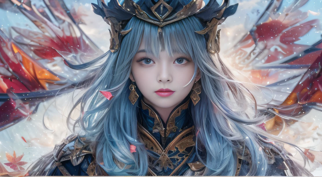 32K,复杂,ellegance,highly detailed,A majestic,Digital photography,Autumn cowboy shot,surrealism painting,Broken rubies,Beating magic,Entwined water magic,(tmasterpiece,Cinematic light,Fine beautiful eyes:1.2),hdr,Void 5 Energy Storm,(China 1 girl,Black eyes:1.5),paleskin,Glowing skin,(sitting on the stone:1.5),delicated face,Black color hair,Wearing palatial red armor,cropped shoulders,nabel,short skirt,Beautiful light blue armor,Rained,big breasts beautiful,looking at viewert,Face away from the camera,tmasterpiece,Side upper body,Side portrait close-up
