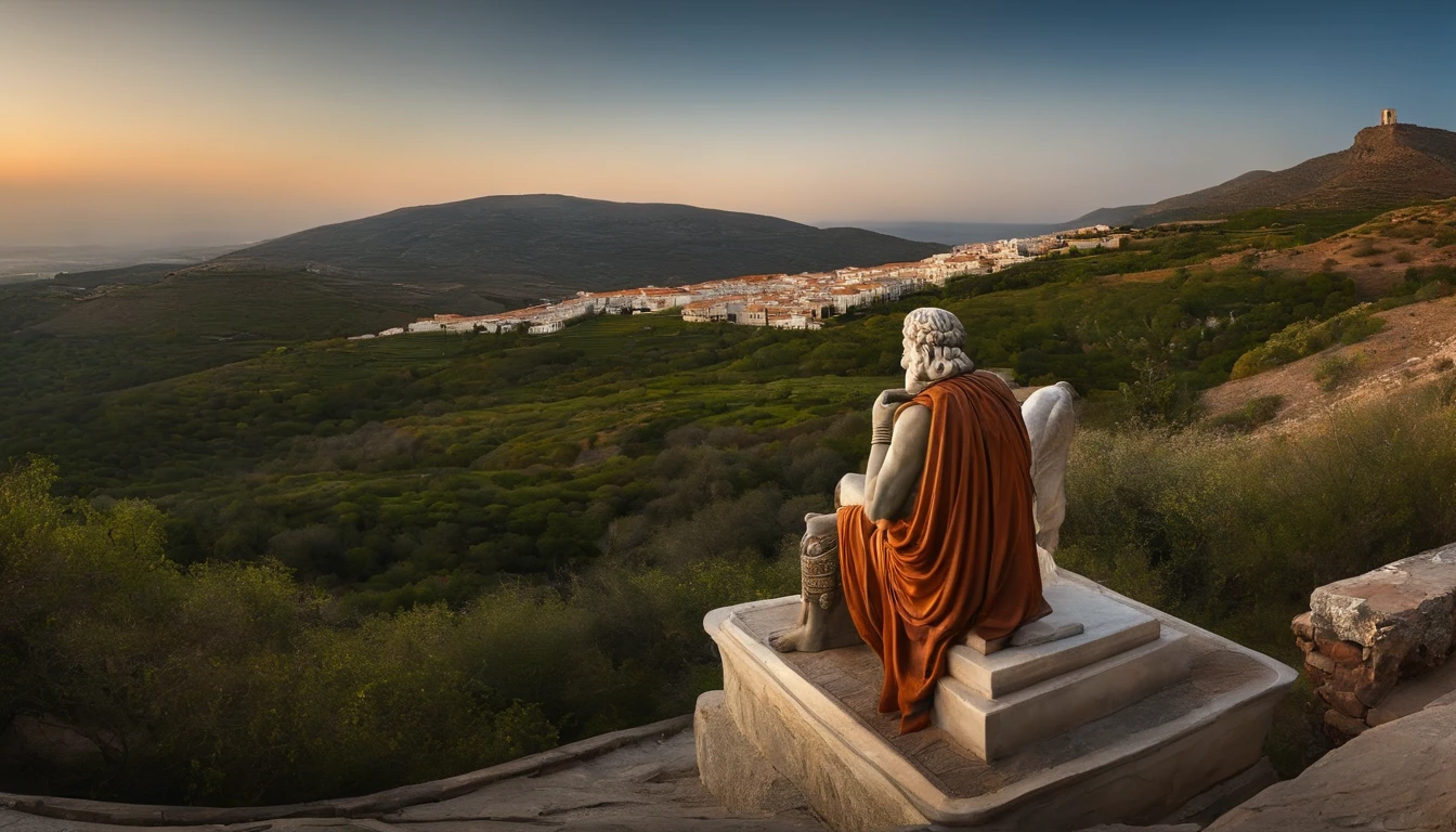 wise man, Stoic statue, cinza, antiga, Greece, observando, cidade abaixo