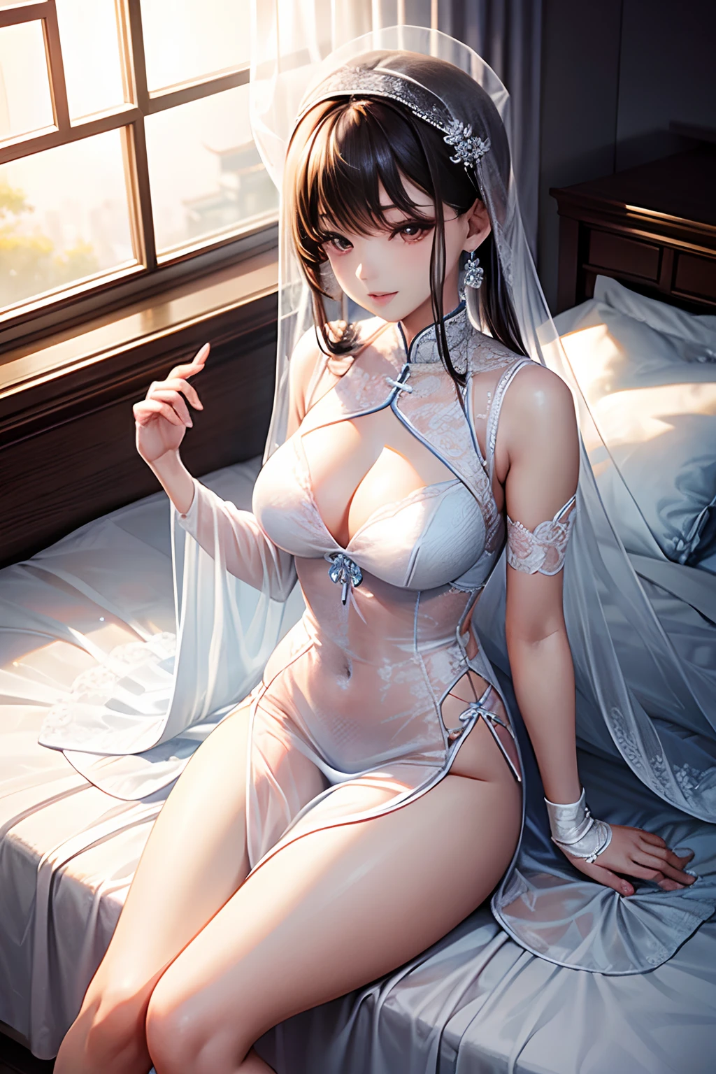 Asian woman in white transparent dress sitting on bed, Wearing sexy lingerie, beautiful Korean women, Sexy :8, gorgeous chinese models, Translucent dress, sexy gown, Gorgeous young Korean woman, Korean girl, Sexy dress, Beautiful Asian girl, full - length view, Open V chest clothes, Young sexy elegance, Sexy girl, lingeries beauty
