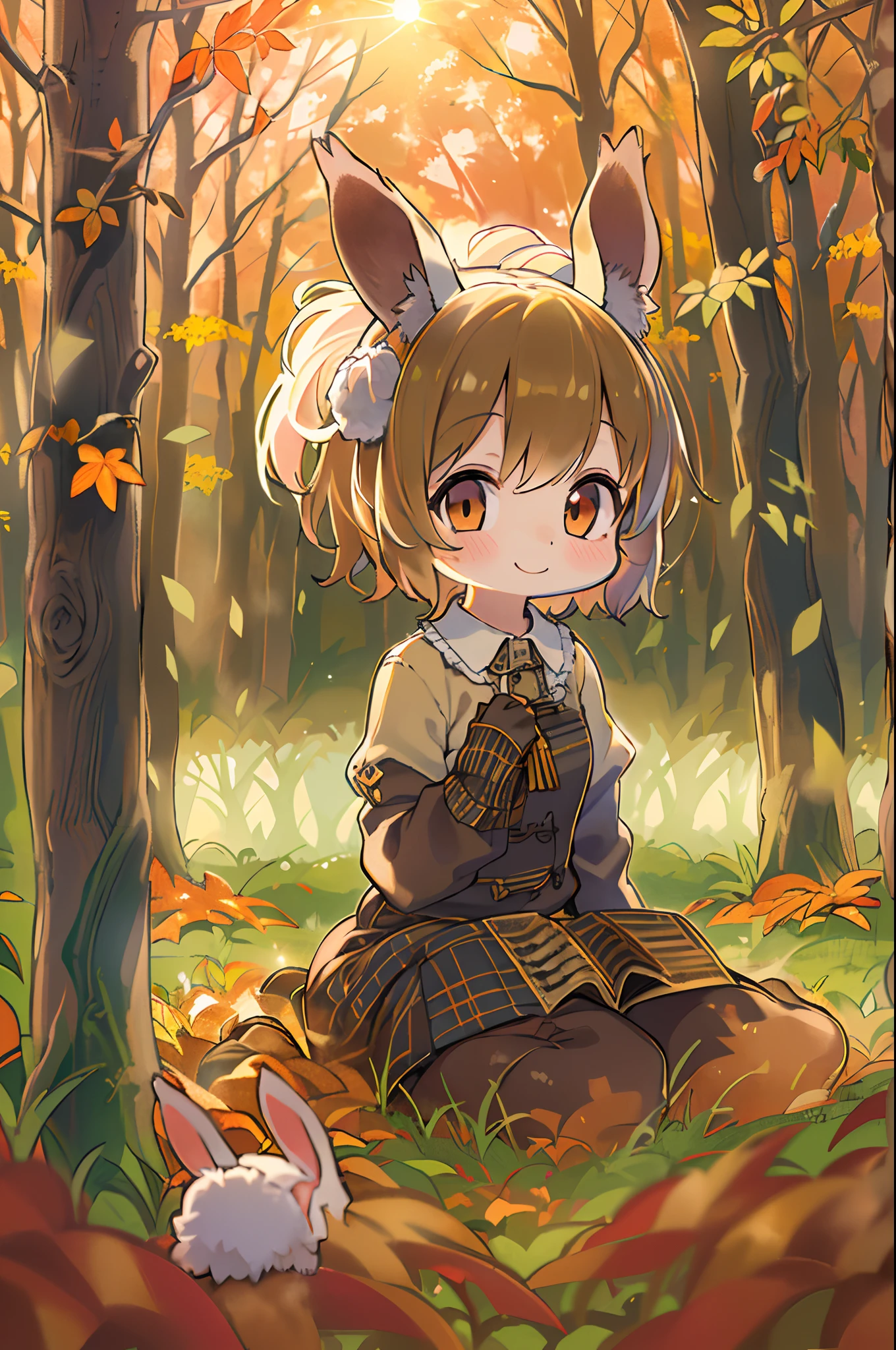 Beautiful Girl, (((((Small)))), face showing,, Short hair, brown, 8K, Professional Photography, Delicate, Clear, In the autumn forest, Sun, light  leaks, masutepiece, (Beautiful)))), Chibi, Smile, Fantastic, Rabbit ears, 年轻