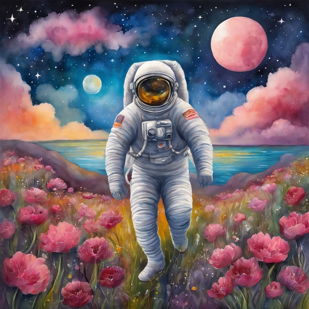 he astronaut walks in the sea of flowers dotted with pink clouds，The astronaut who is alone，The astronaut cannot leave this planet，The astronaut is lost in the boundless space.