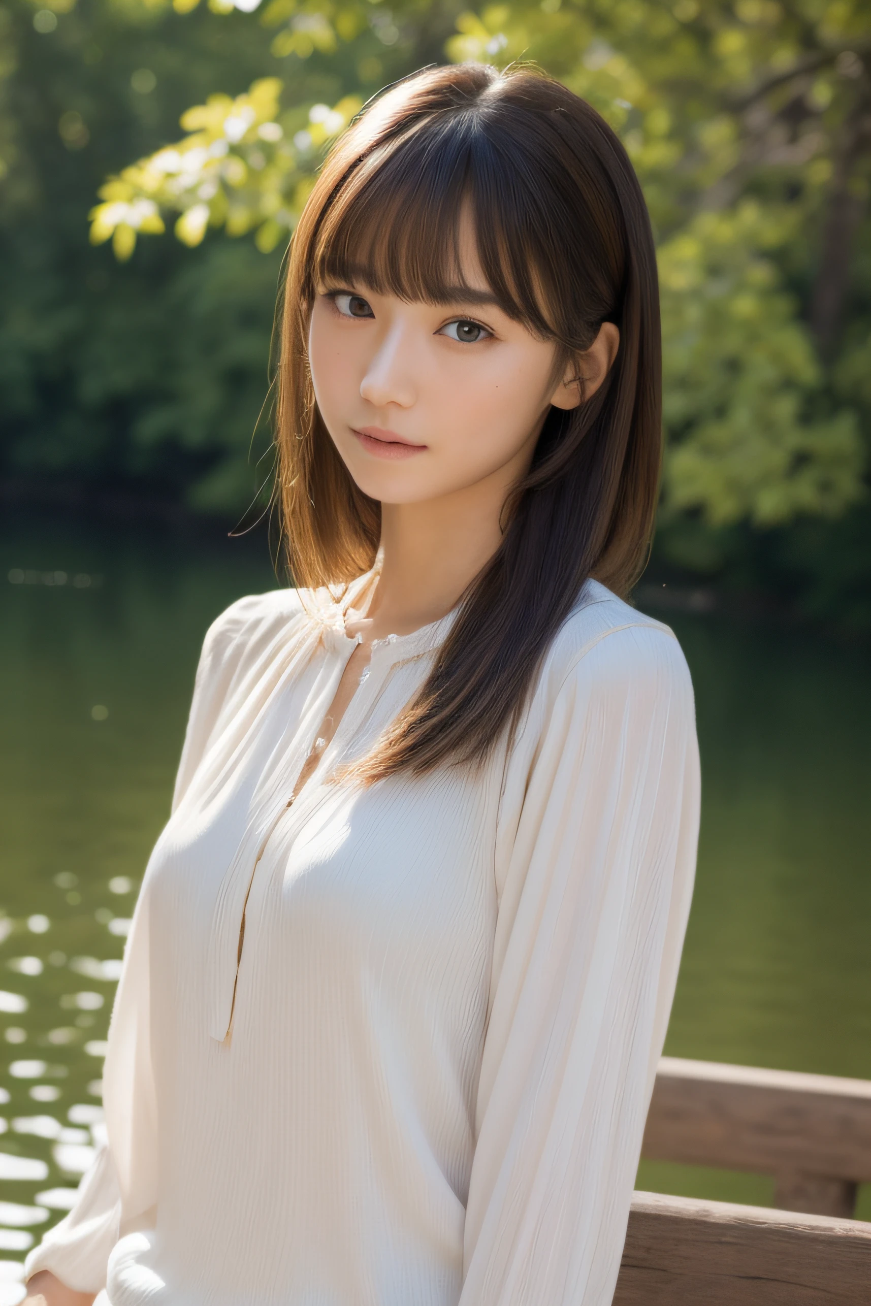 (((​masterpiece))), top-quality, Extremely detailed, Detailed background, 18mm wide lens, long shot, A bench by a quiet lake in the forest, sitting, Very beautiful girl, japanese, ,  Detailed face, bangs, (Full body:1.3), (random hairstyles :1.2), (Young Face), (Perfect body:1.1), blouse, skirt, autumn, in 8K, Wallpaper, amazing, finely detail, Ultra-detailed, 超A high resolution, Extremely detailed, Pure erotic face, extremely detailed eye and face, Beautiful detailed eyes, highly detailed skin, No makeup, (Natural Skin),