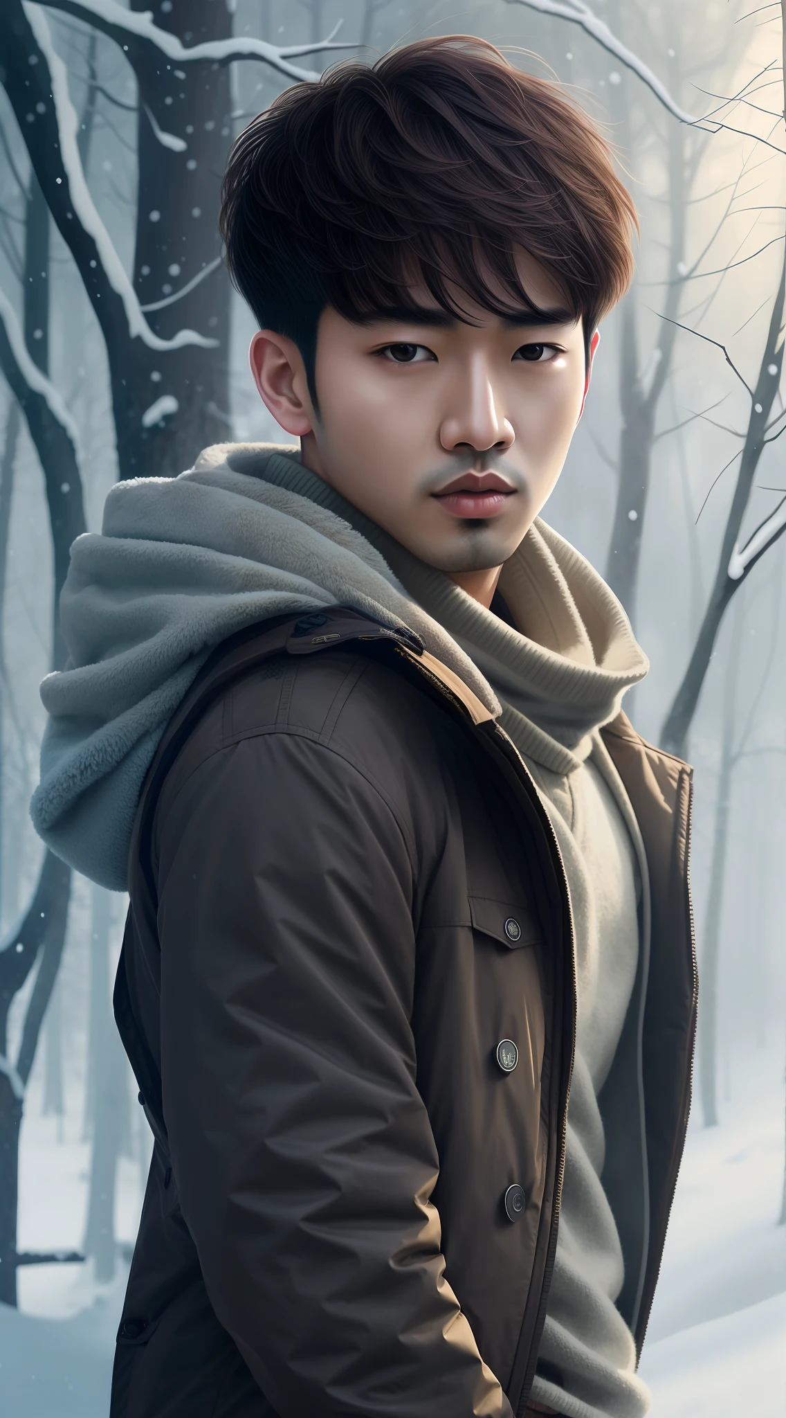 arafed image of a man in a brown jacket standing in a snowy forest, jinyoung shin, inspired by Zhang Han, inspired by Joong Keun Lee, inspired by Kim Myeong-guk, inspired by Yeong-Hao Han, artwork in the style of guweiz, siwoo kim, inspired by Kim Hwan-gi, portrait of kpop idol