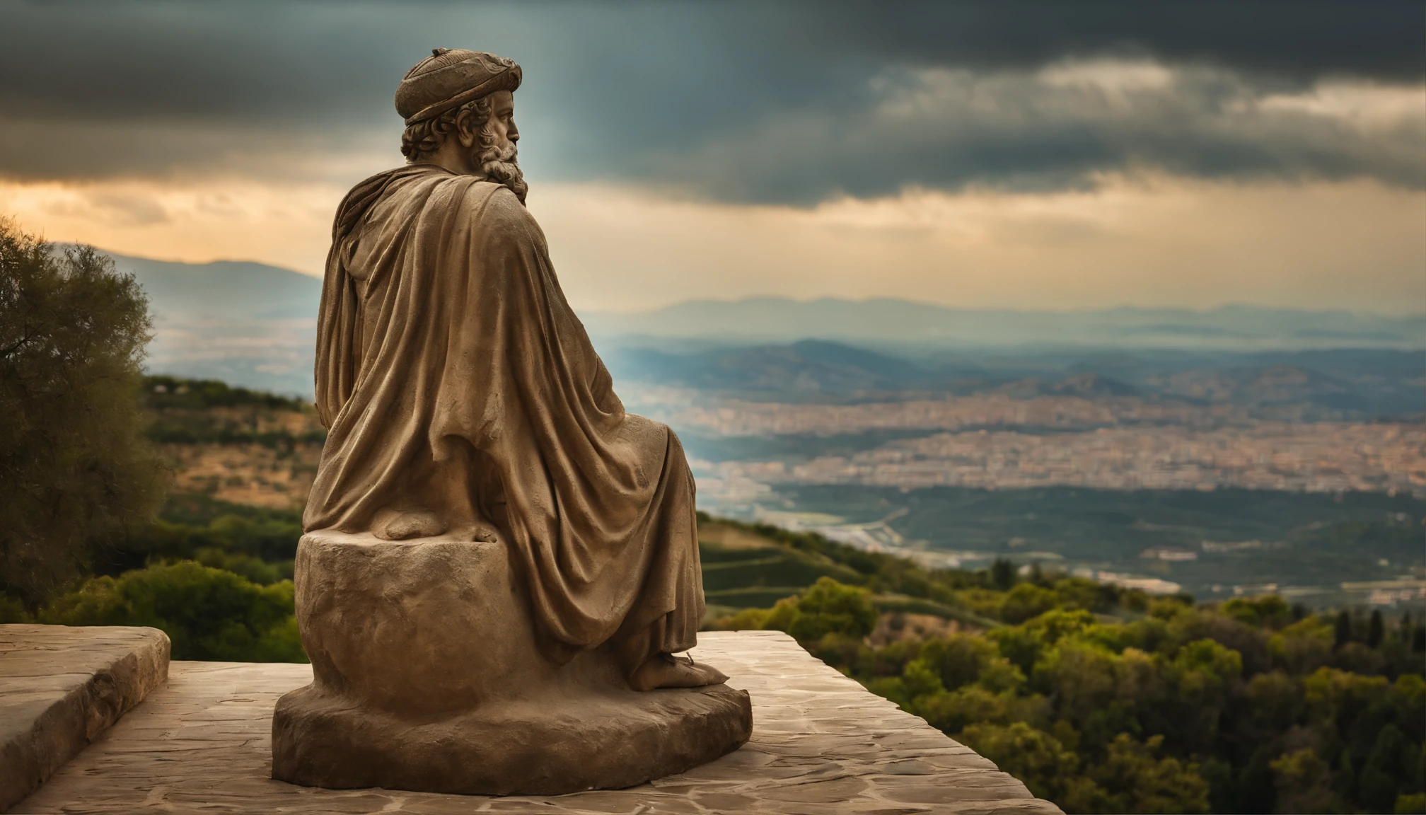 wise man, Stoic statue, cinza, antiga, Greece, observando, cidade abaixo