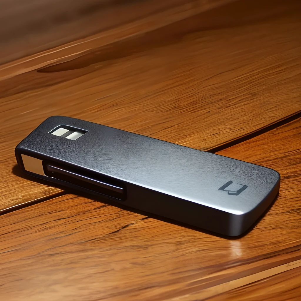 A USB stick on the table,Give this USB stick a close-up。The table top is slightly decorated