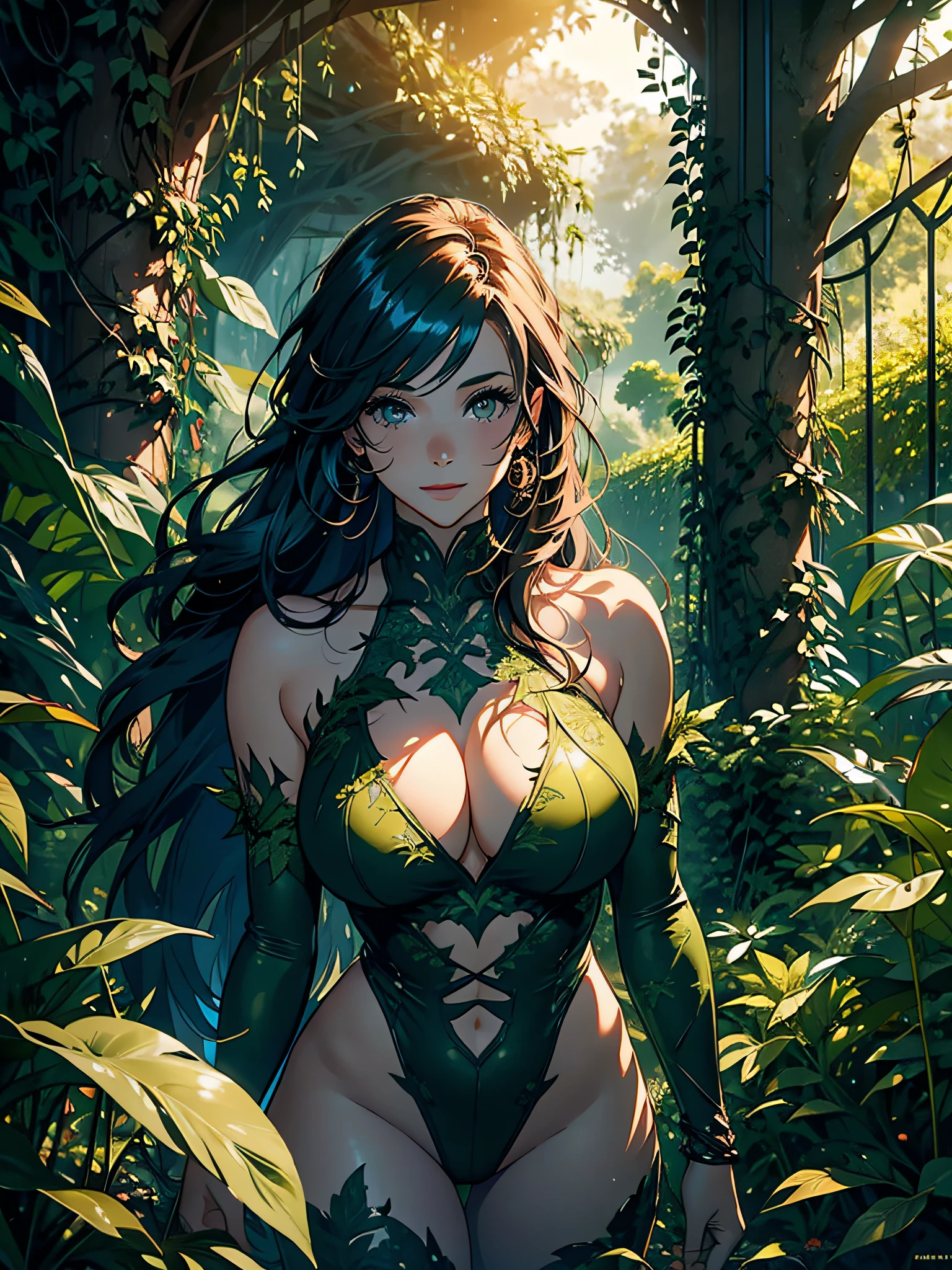 A naked girl with her entire body covered in plants, leaves and vines, plants and vines all over her body, Poison Ivy, medium breasts, long hair, sincere smile, imposing pose, yellow eyes, sculptural and curvy body, full body, BREAK, background forest with vines descending from forest trees, nature, field of vineyards, (ultra-realistic), {extremely detailed 8k CG unity wallpaper}, Expansive landscape photography, (a view from below that prioritizes the grandeur of the character, view expansive open field), (low angle shot), (high light: 1.5), (low light: 1.0), (warm light source: 1.0), complex details, (iridescent colors: 1 ,5), (bright lighting), (atmospheric lighting), dreamy, magical, special