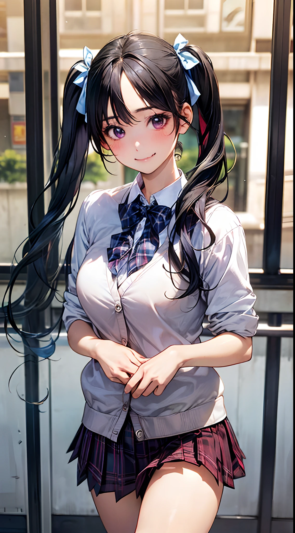 (masterpiece:1.2, top-quality), (realistic, photorealistic:1.4), beautiful illustration,
looking at viewer, cowboy shot, front view:0.8,
1 girl, japanese, high school girl, (long hair:1.5), blown hair, (twintail:1.7), bangs, hair between eye, purple eyes, skin fang, large breasts:0.8,
beautiful hair, beautiful face, beautiful detailed eyes, beautiful clavicle, beautiful body, beautiful chest, beautiful thigh, beautiful legs, beautiful fingers,
(beautiful scenery), , school,
((collared shirt, white shirt, school uniform, cardigan, red plaid pleated skirt, blue plaid bow tie, blue plaid hair ribbon)), white panties,
standing, walking,
smile, ,