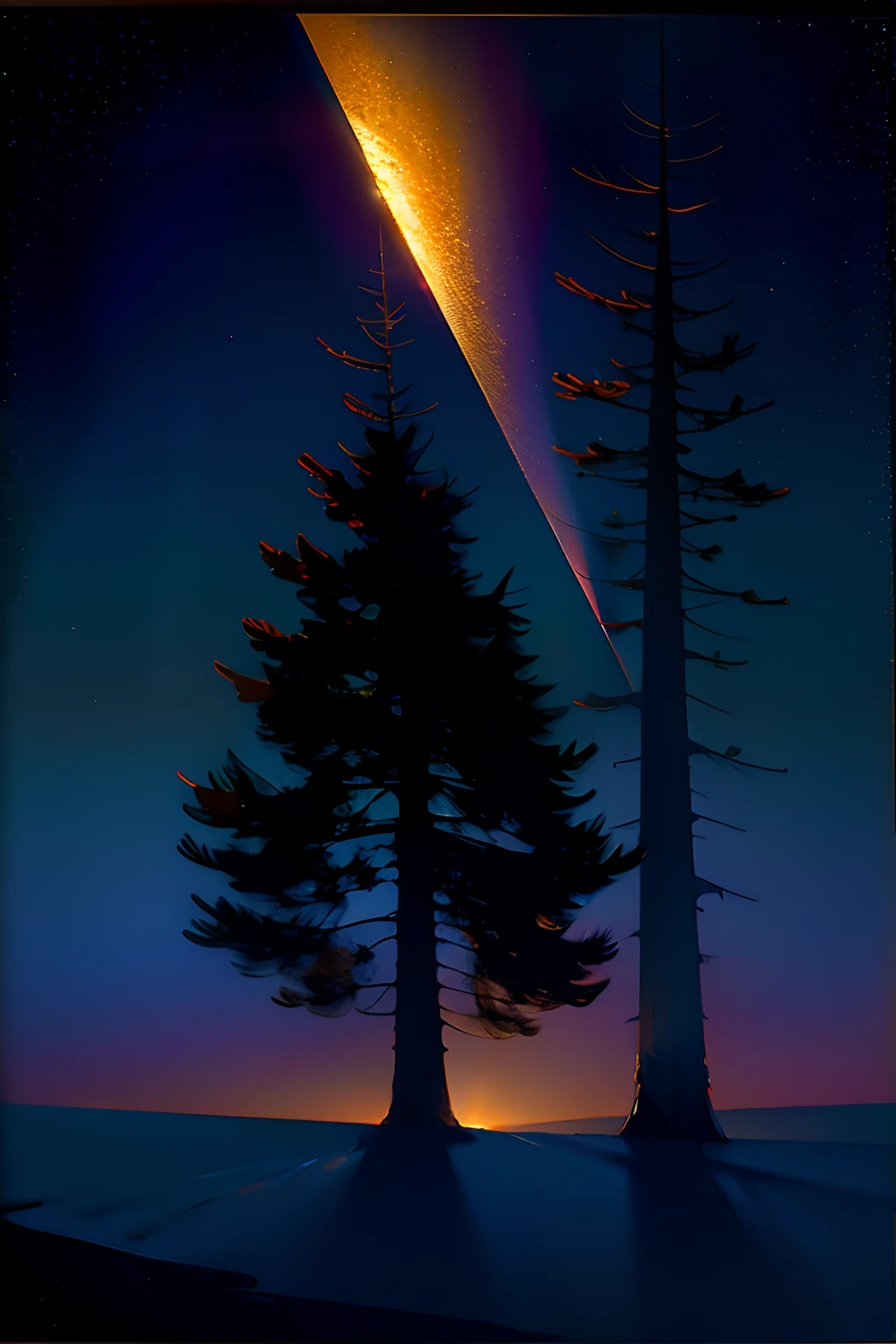 A painting of a beam of light over a single pine tree, winter, night time light, black sky with stars.